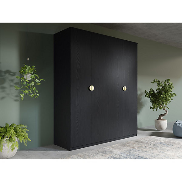 Armoire 4 portes noir structuré et doré2 penderies et 4 étagèresCollection MONDO