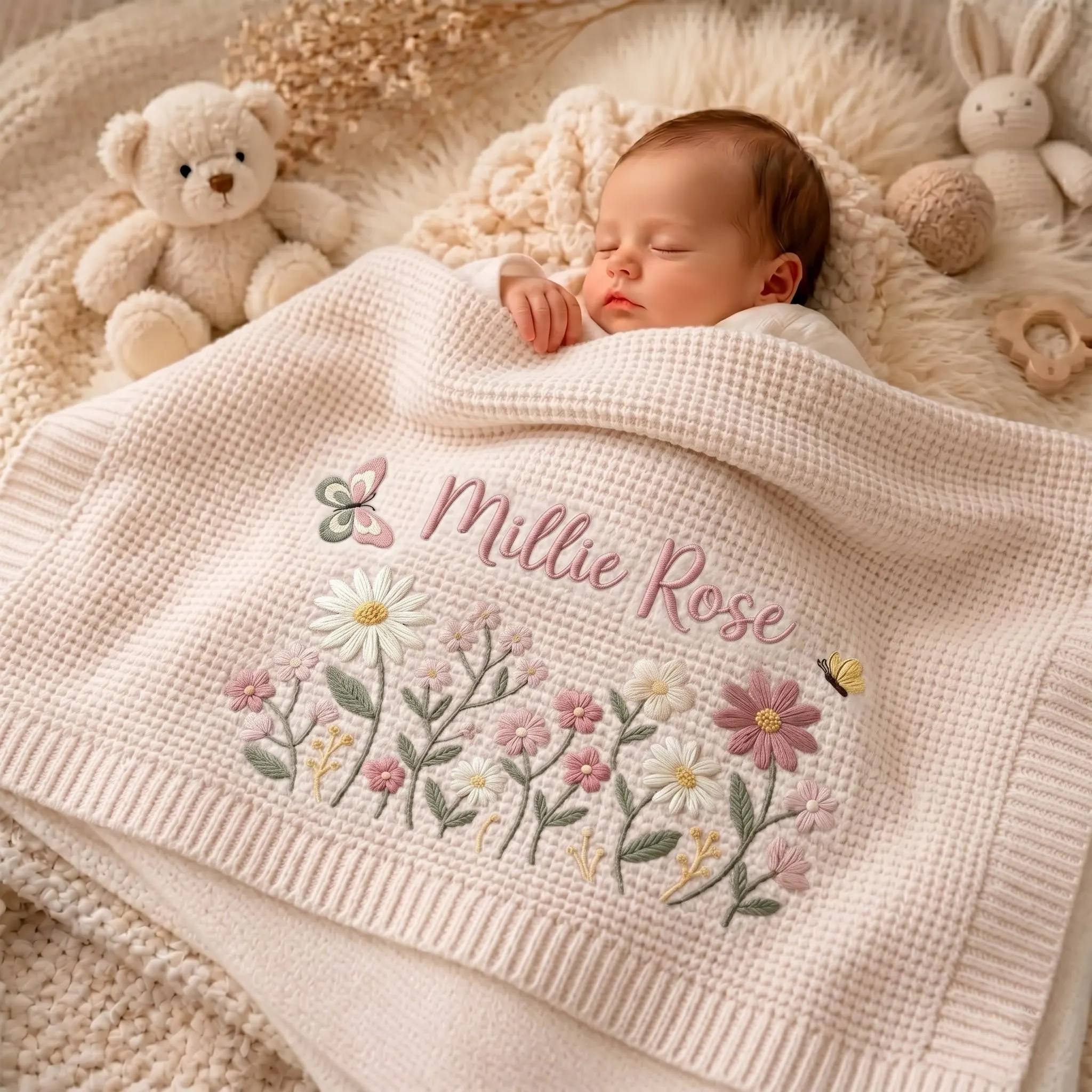 Personalized Floral Embroidered Baby Blanket - Custom Name Knitted Throw, Welcome Baby Blanket, Nursery Keepsake, Keepsake Newborn