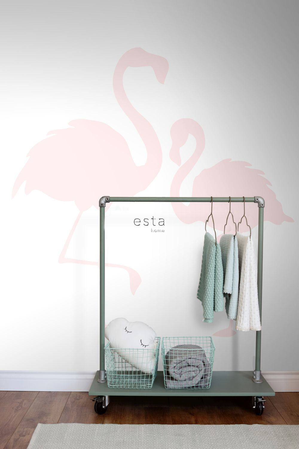 ESTAhome fotobehang flamingo's moeder en kind licht roze en wit - 186 x 279 cm - 158838