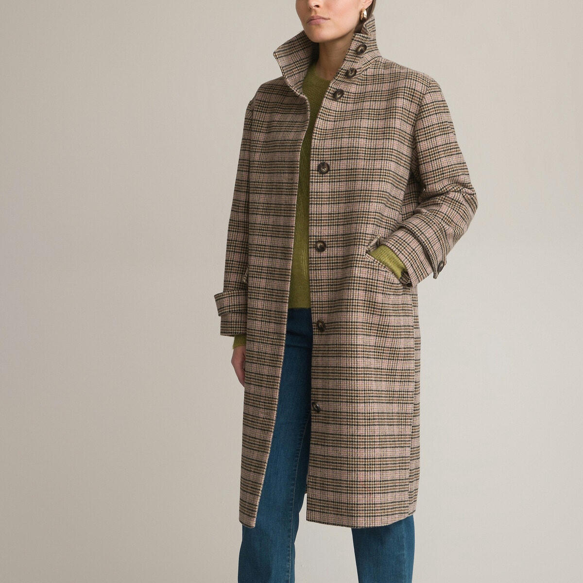 Manteau long à carreaux, fermeture boutonnée