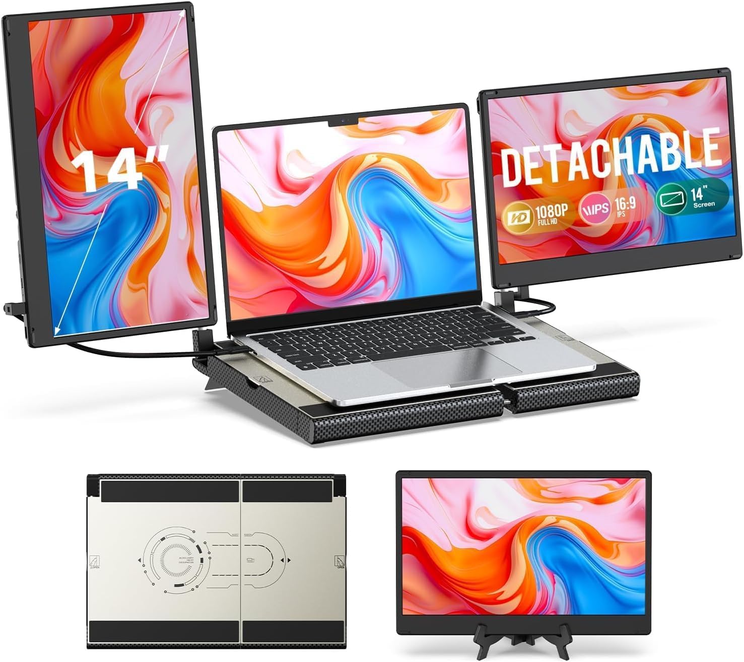 Laptop Screen Extender  14 FHD 1080P Laptop Monitor Extender  Stretchable Base and Detachable Screen  Plug & Play  Triple Screen Extender Compatible with Windows  Mac  Chrome