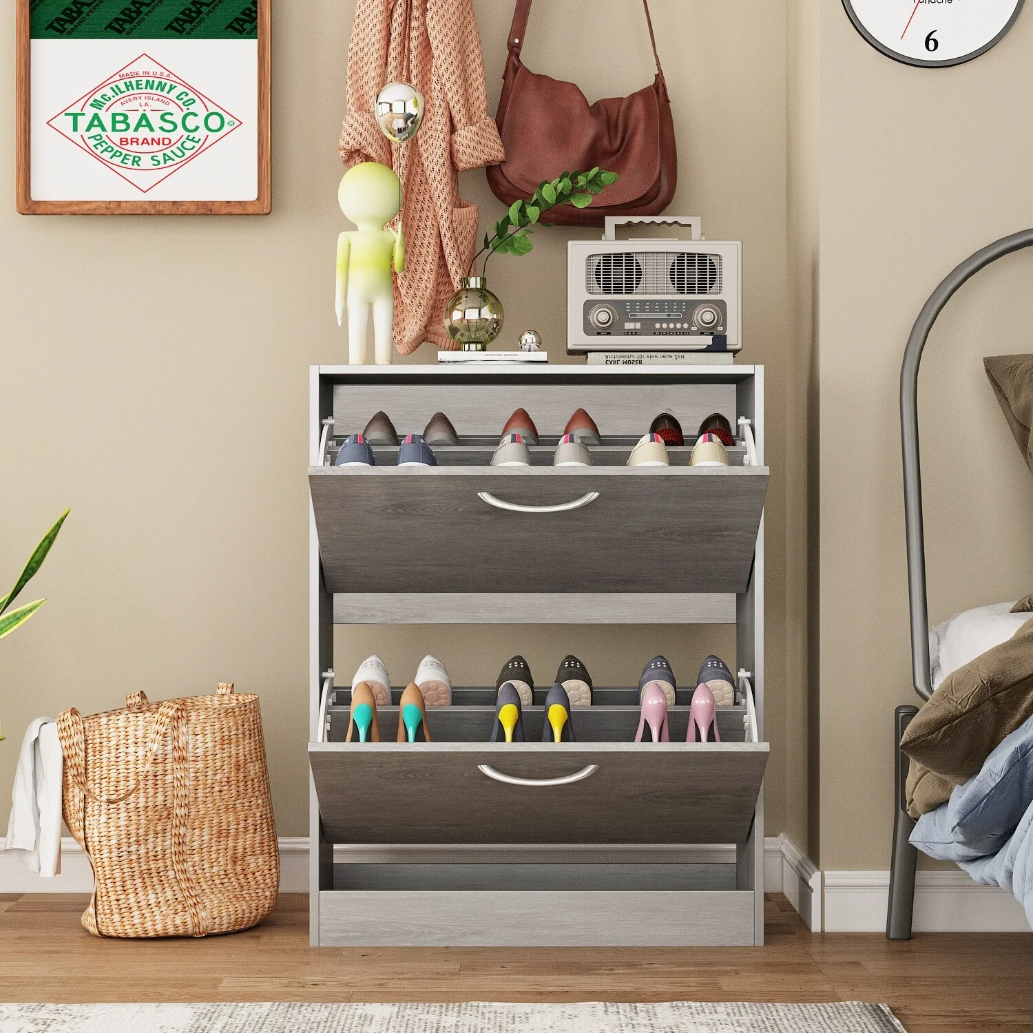 Grey Wood 12-Pair Shoe Storage Cabinet w/ 2 Flip Drawers by Kerrogee