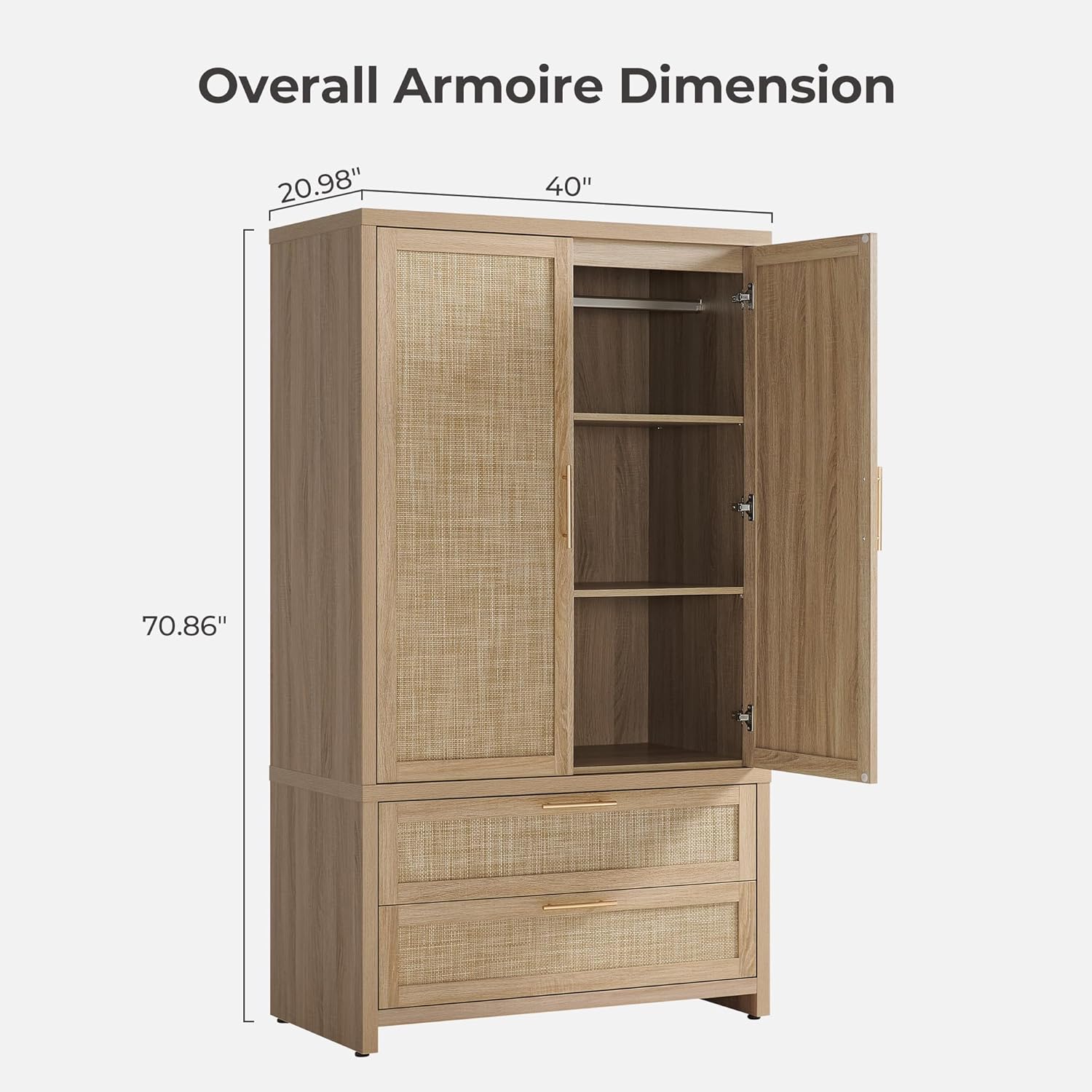 SICOTAS Larger Armoire Wardrobe Closet, 71 Tall Rattan Freestanding Wardrobe Closet Cabinet with Storage and 2 Drawers, Boho Armoire Clothes Organizer with Hanging Rod for Bedroom, Light Oak (2 PCS)