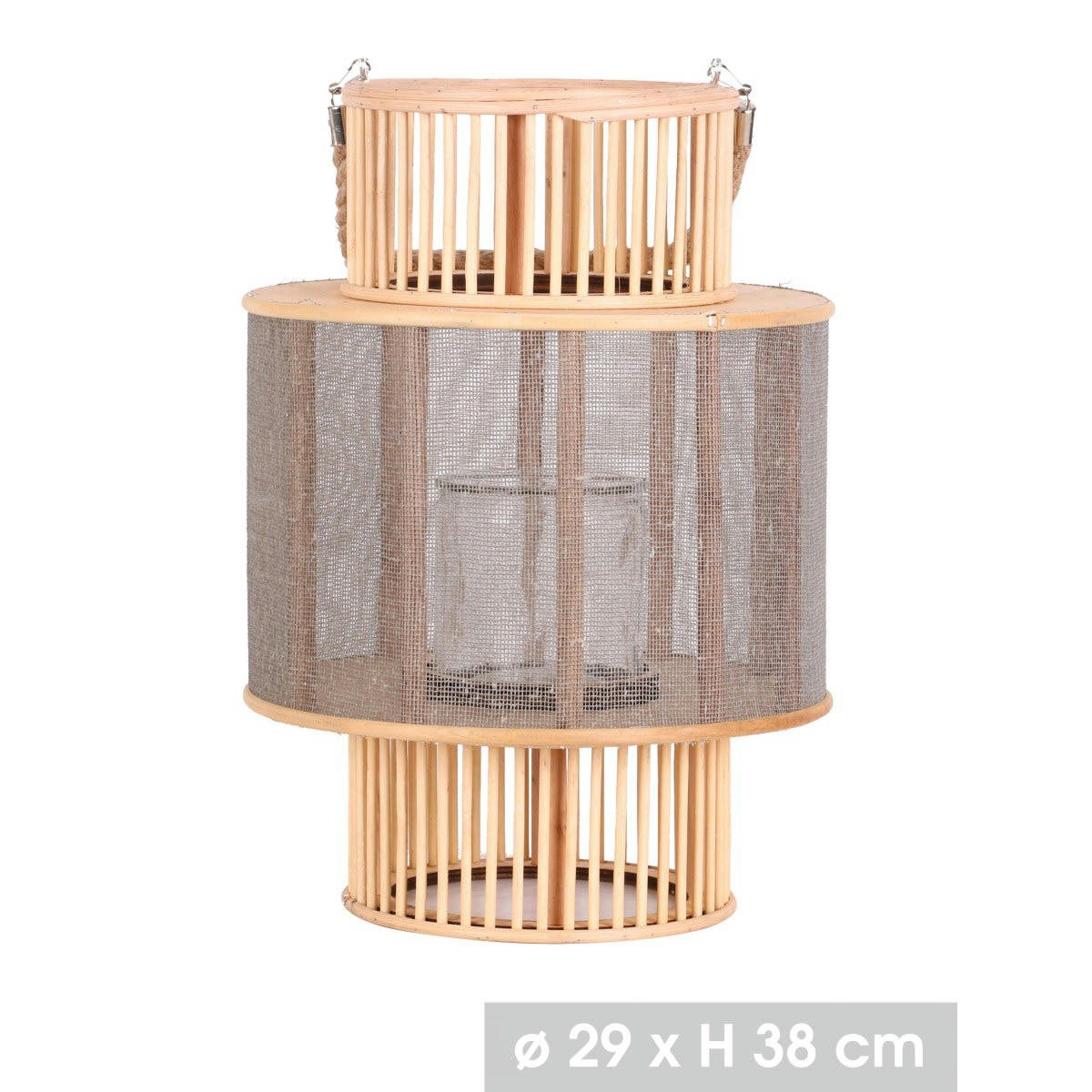 BOIS - Lanterne ronde en bois et bougeoir en verre H38cm