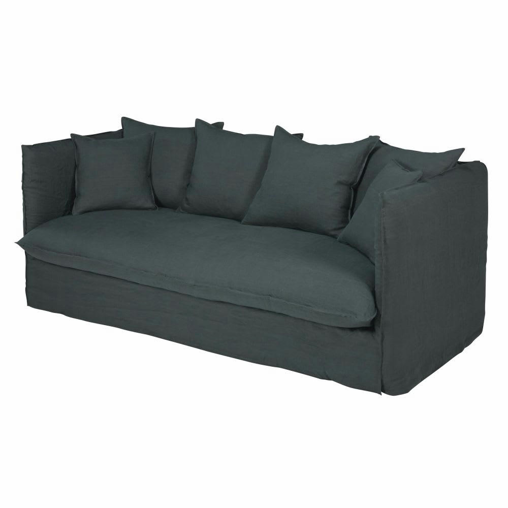 Louvain - Housse de canapé 3/4 places en lin froissé gris anthracite