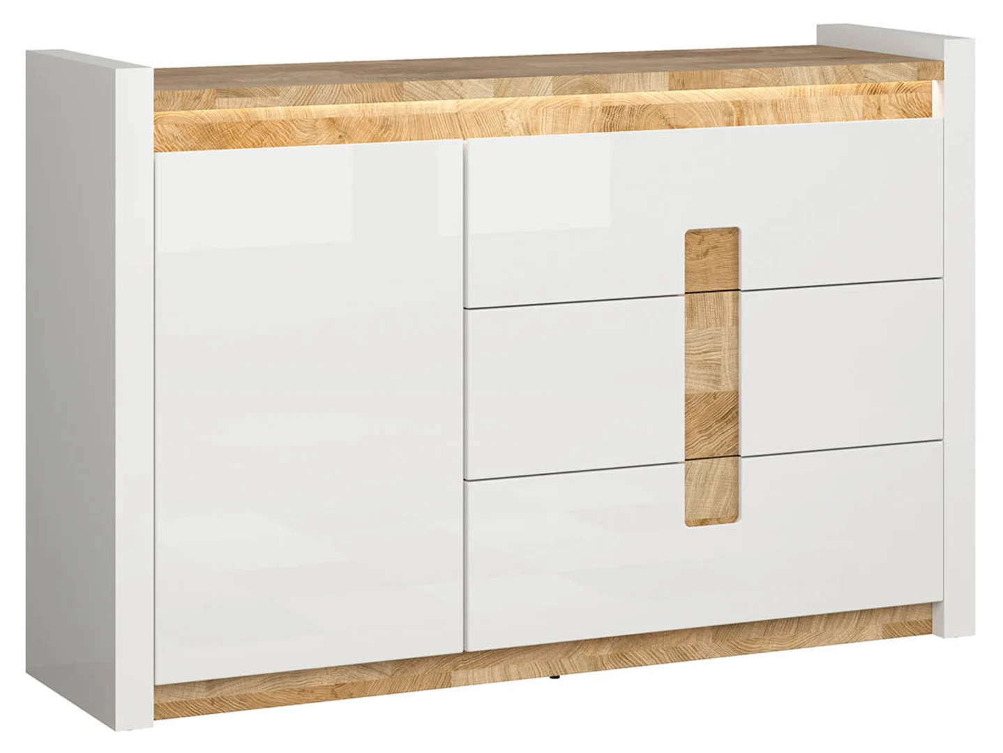 Komoda Alameda 147 cm z drzwiami i 3 szufladami dąb westminster/biały połysk