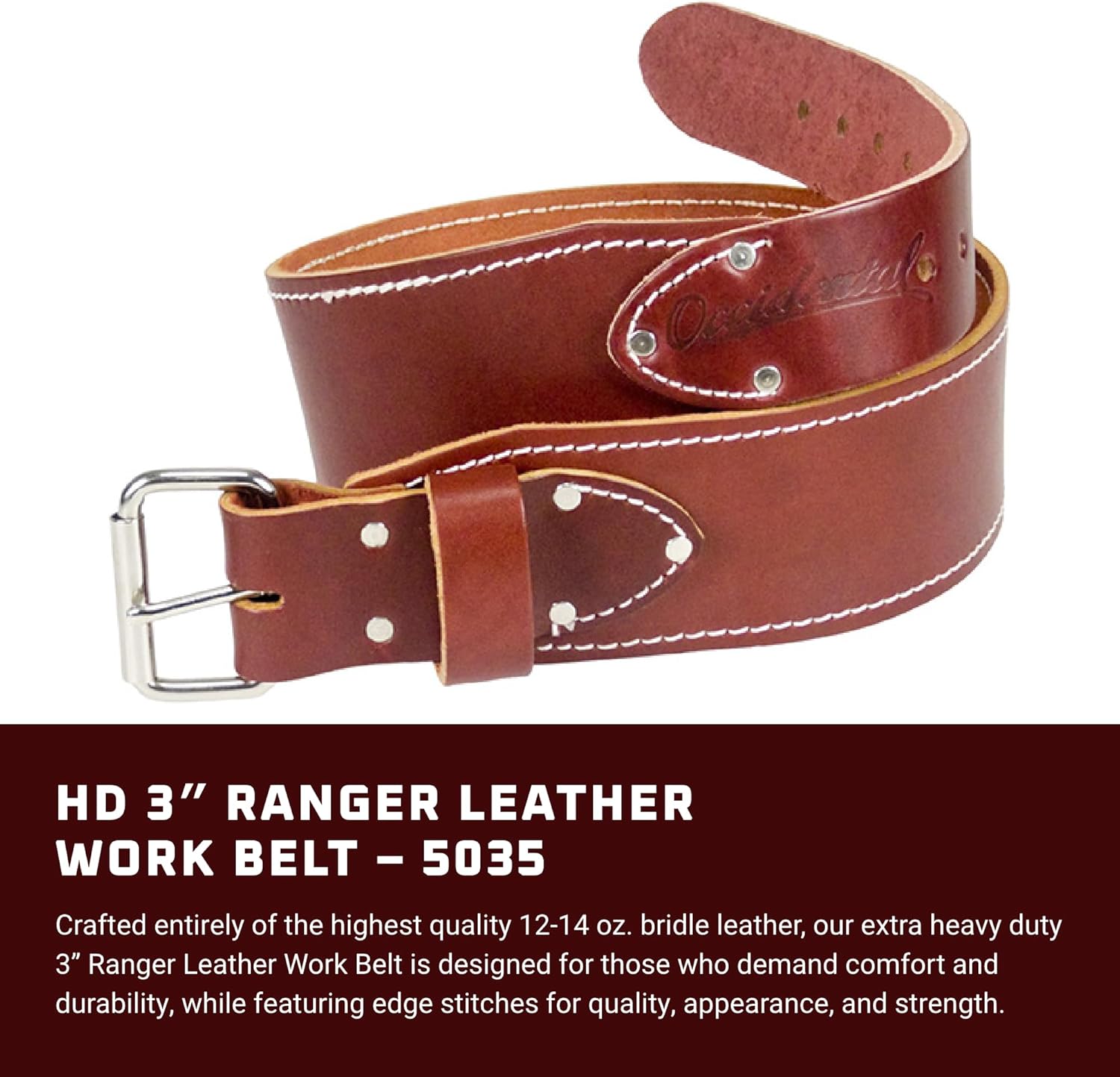 Occidental Leather 3 Ranger Leather Work Belt - Medium, OxyRed - Bridle Leather, Heavy-Duty Steel Roller Buckle, Edge Stitched - Made in USA