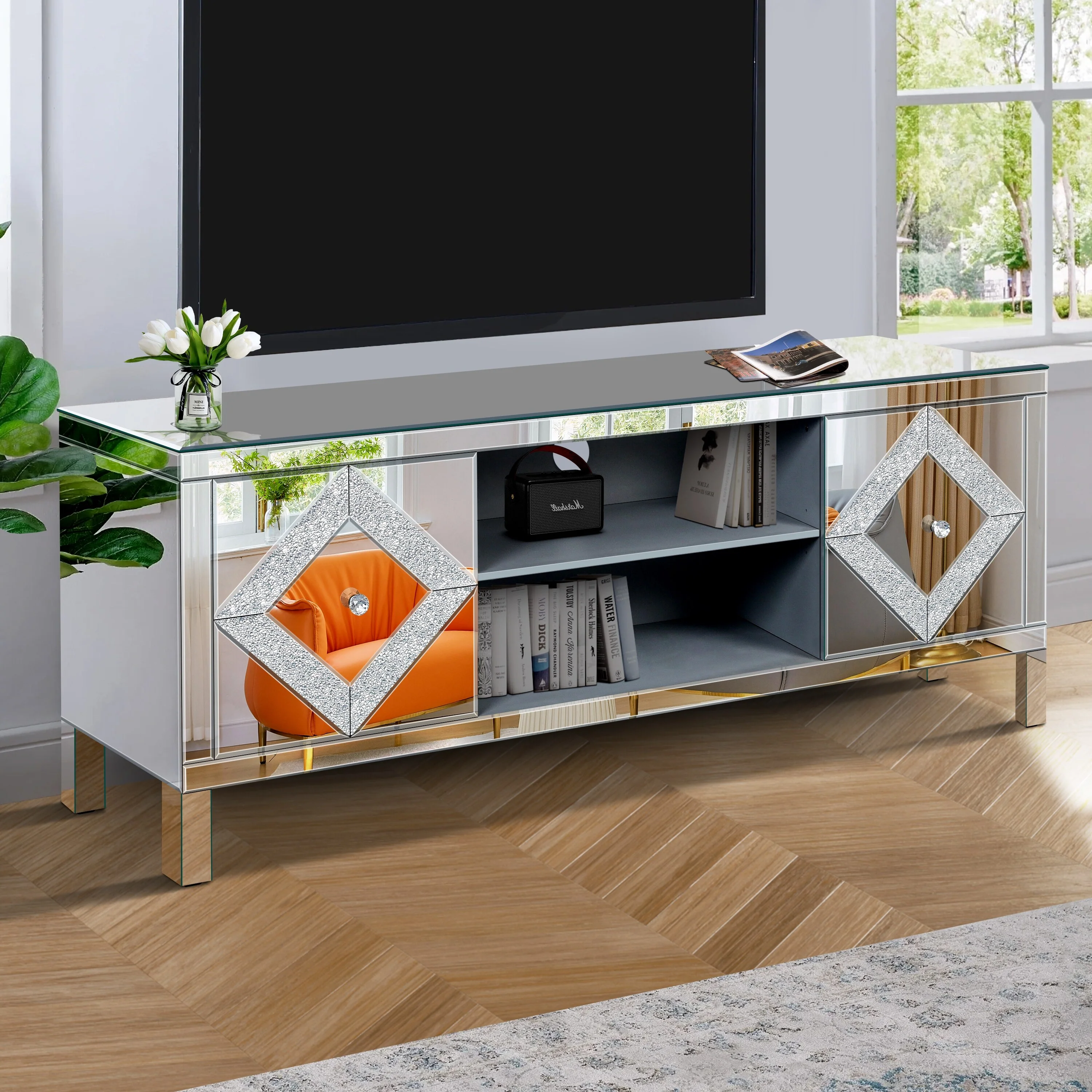 59 TV Stand with Diamond Shape Sparkling Mirror Doors, Open Storage and 2 Storage Cabinets for TVs Up to 65