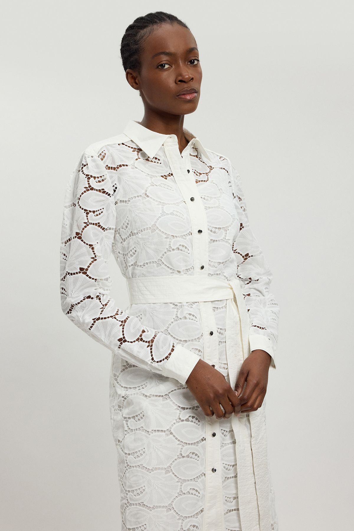 KarenMillen Petite Cutwork Cotton Collared Woven Shirt Dress