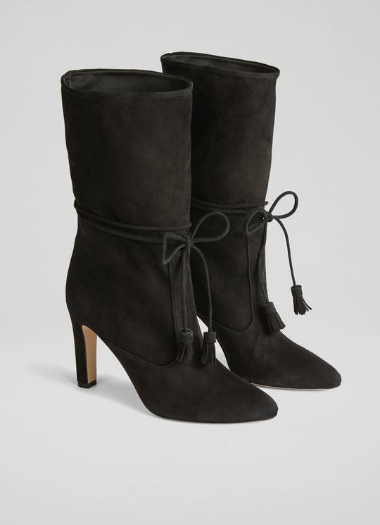 Eliza Black Tassel Ruched Suede Ankle Boots