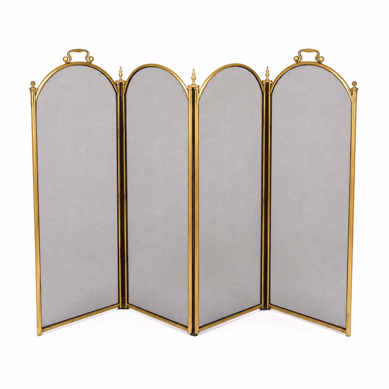 Fireplace Screen 4 Panel Folding Brass Plated Top Black Mesh Gold Trim Ball Finials Handles Fold Screen Hearth Accessory Fire Place Screen