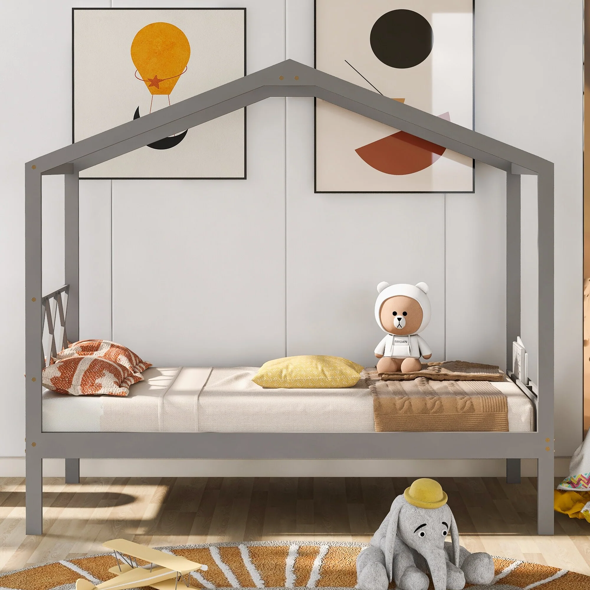 Kids Twin House Bed with Roof, Semi-Enclosed Design and Storage