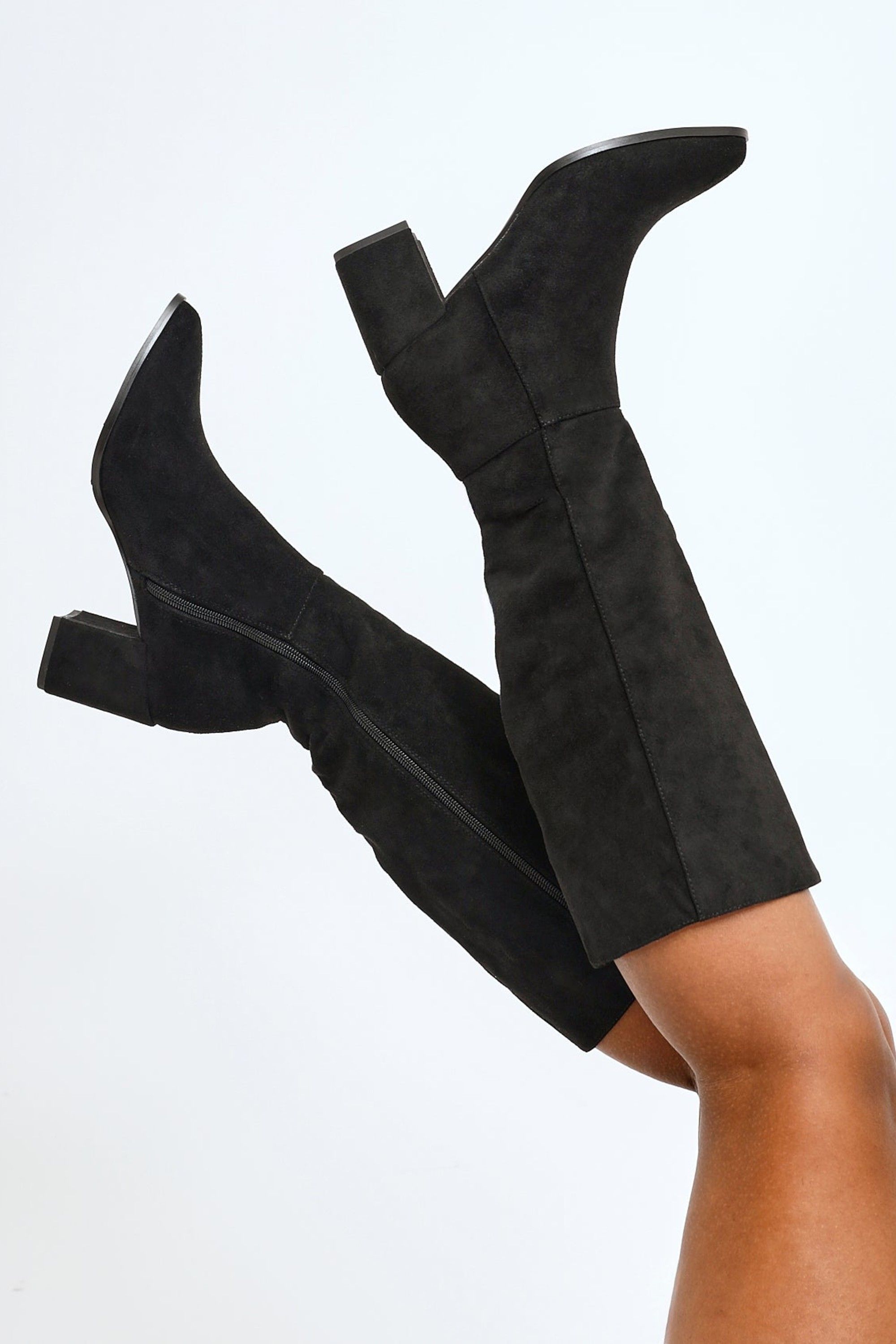 Linzi Swerve Black Faux Suede Block Heeled Long Boot