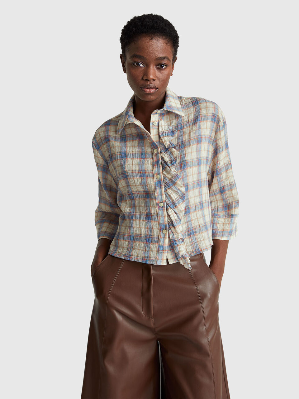 Check shirt with rouches