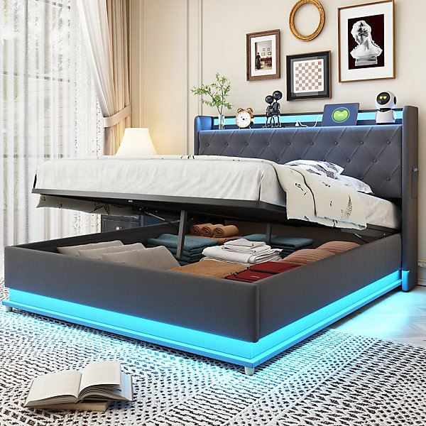 Lit capitonné LED 140 sur 200 cm avec port USB et rangement hydraulique en tissu lin gris doux pour la peau