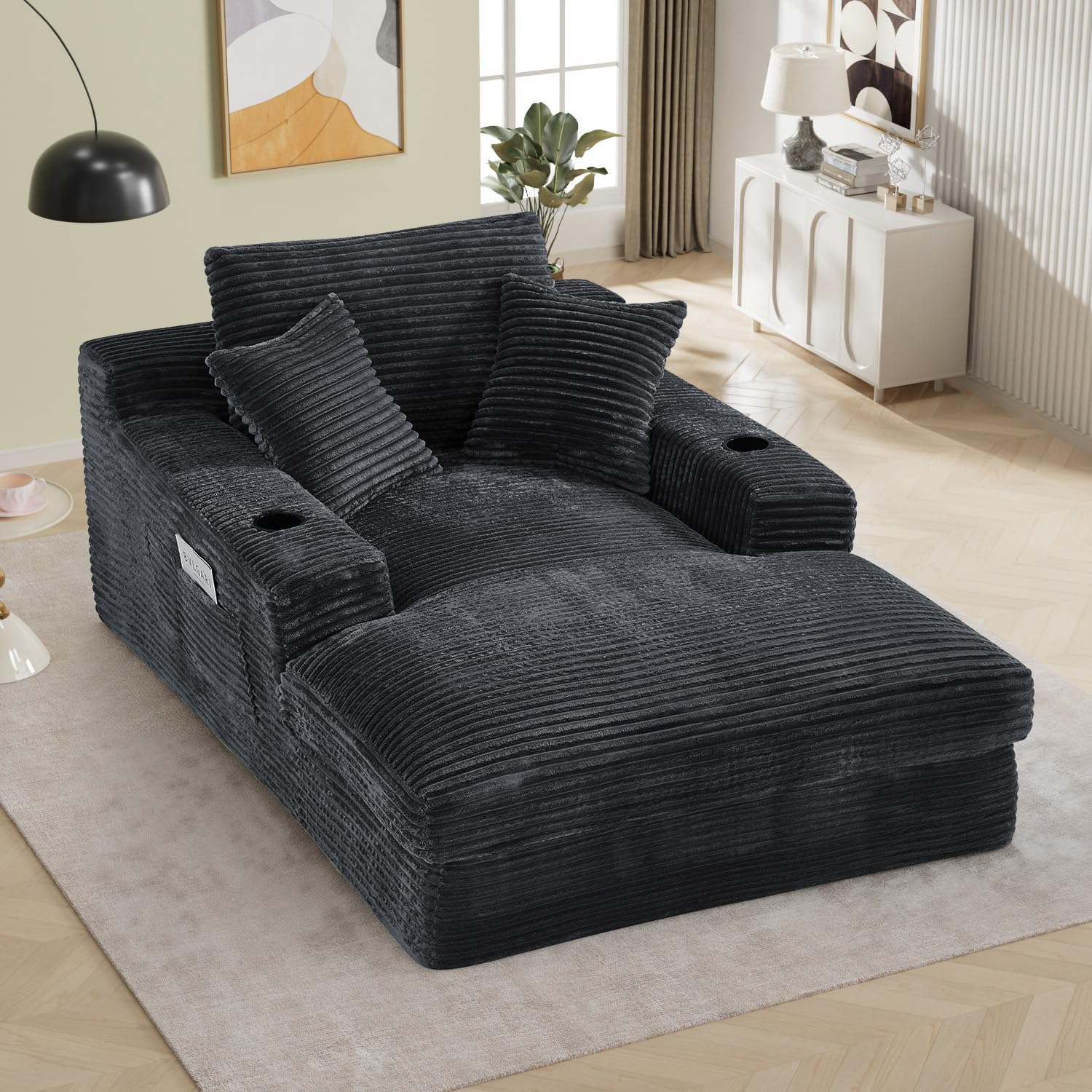 49.6W x 75.9D Super Oversized Chaise Lounge Chair Indoor Boneless Reading Chair Corduroy Recliner Deep Seat Sleeper Fluffy Comfy Sofa Bed Couch with Cup Holders for Living Room Bedroom, Dark Gray