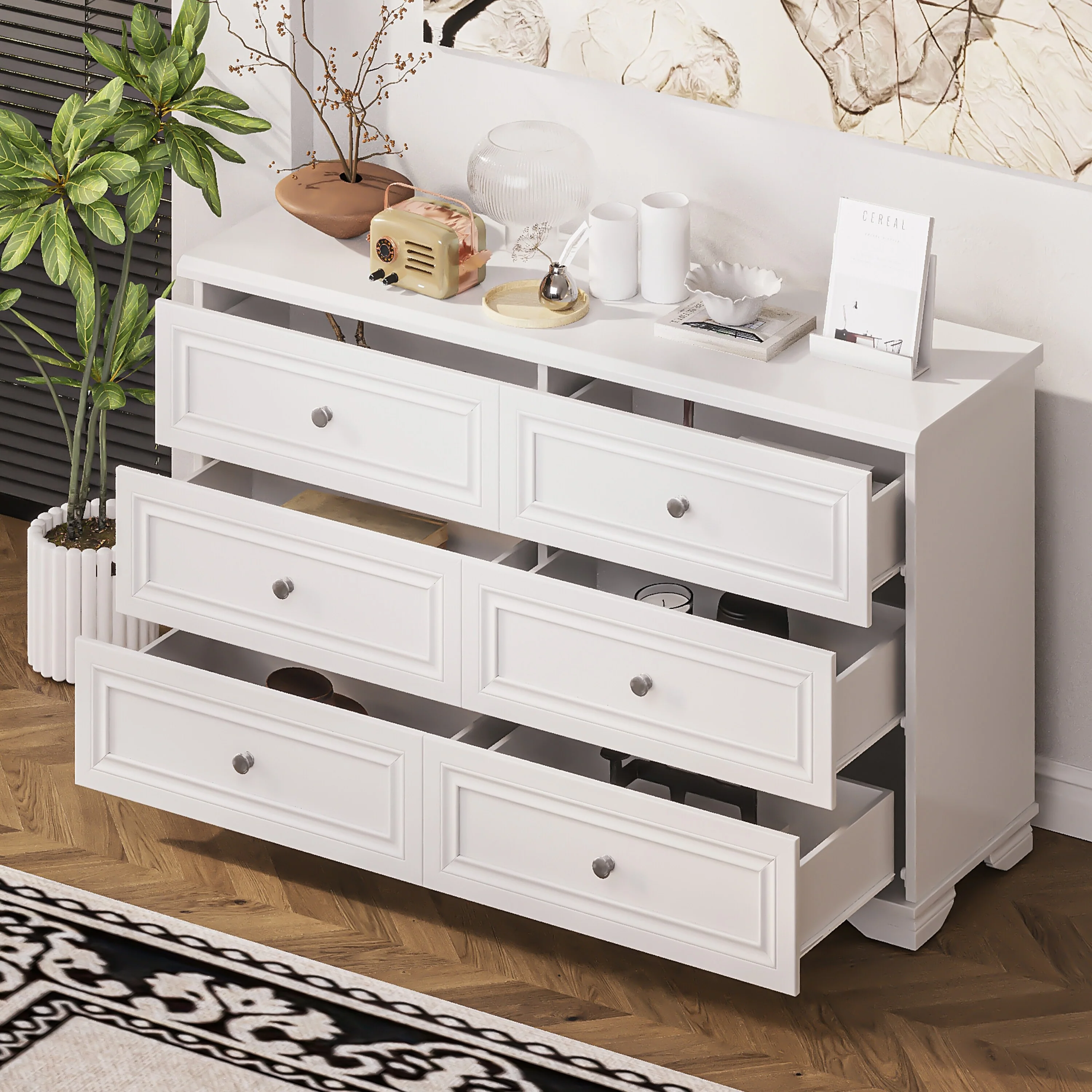6 Drawer Bedroom Double Dresser, Wide Large Wooden Clothing Storage Cabinet, Decorative Cabinet with Metal Handles