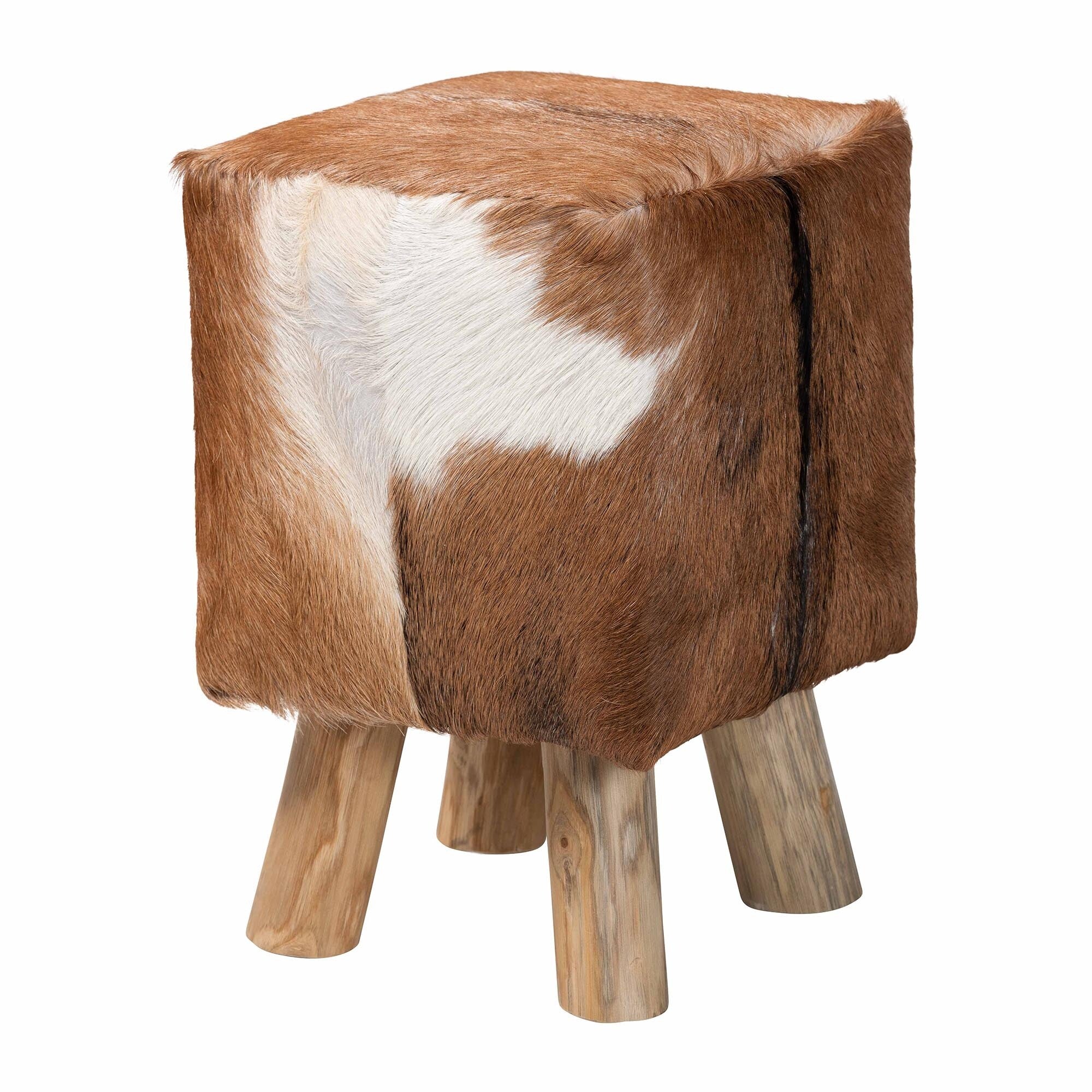 Scotlyn Genuine Goat Leather Footstool with Teak Wood Legs - Rustic Boho Accent with Natural Hide Upholstery, Handmade Footrest