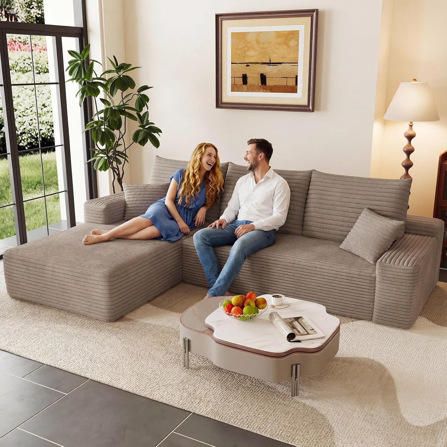 95 Modular Sectional Couch, Boneless L Shaped Cloud Sofa with Chaise Lounge, Corduroy Upholstered Couches Memory Foam Deep Seat, No Assembly Required, Ideal for Living Room(Camel, Left Facing)