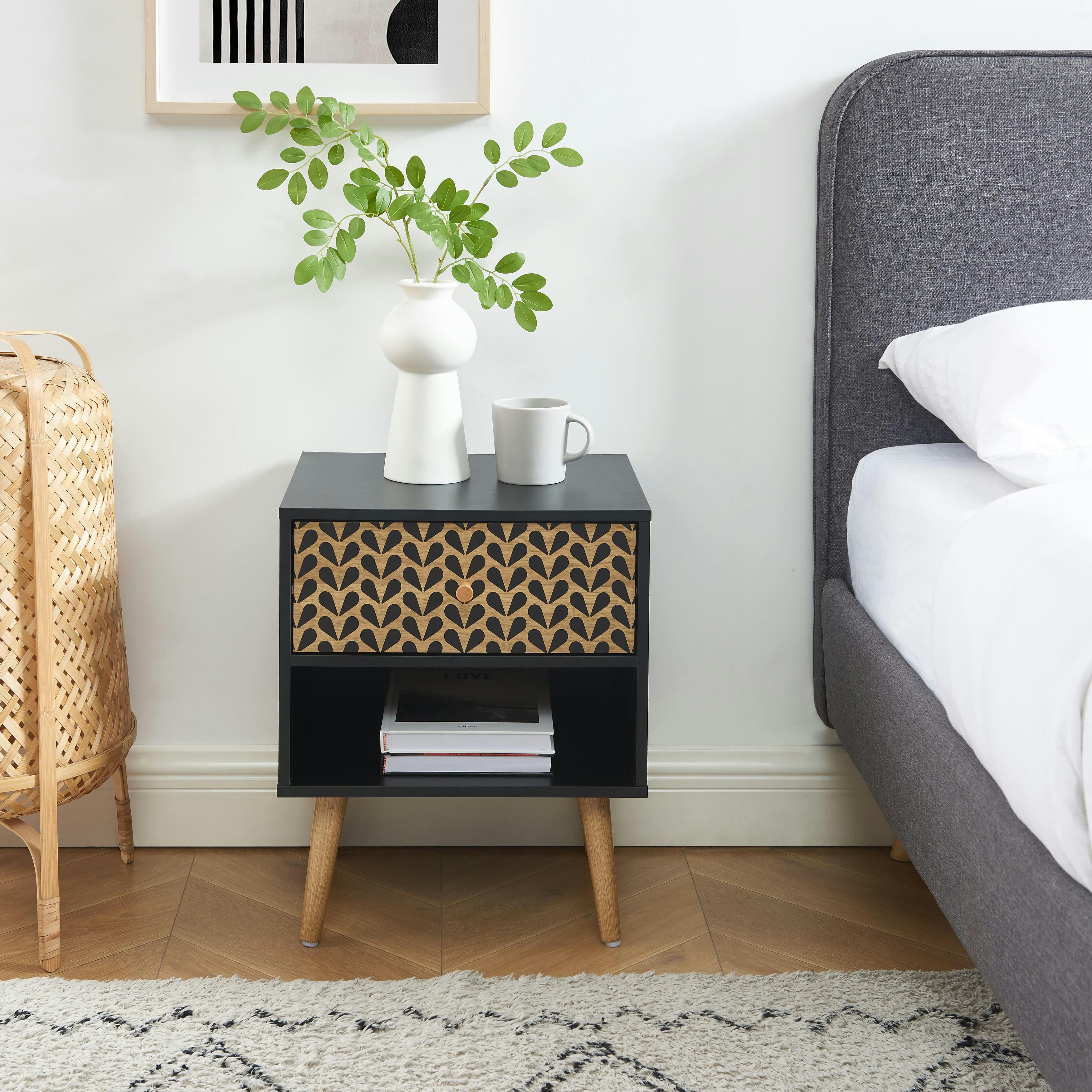 CAPUCINE - Table de chevet   noir et effet bois et chêne 40cm