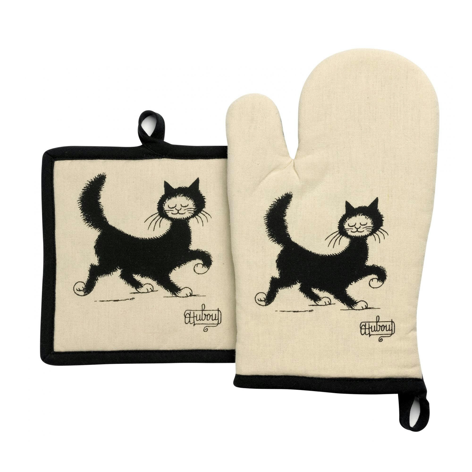 DUBOUT - Gant de cuisine + Manique  Chat Balade en coton beige 18 x 28