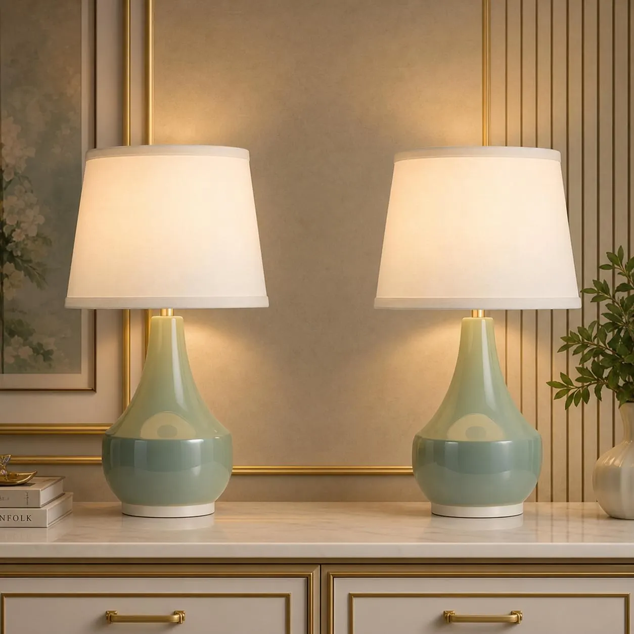 Sage Green Ceramic Table Lamp Set – Modern Bedside Lighting