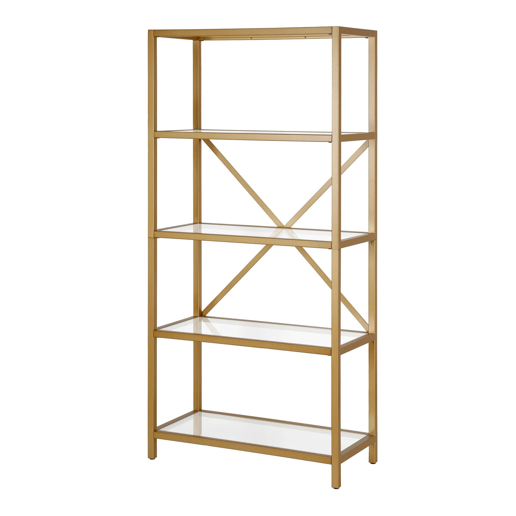 63 Metal and Glass Vertical Bookcase Contemporary 5 Shelf Display Unit for Stylish Organization - 63”H x 34”W x 14”D