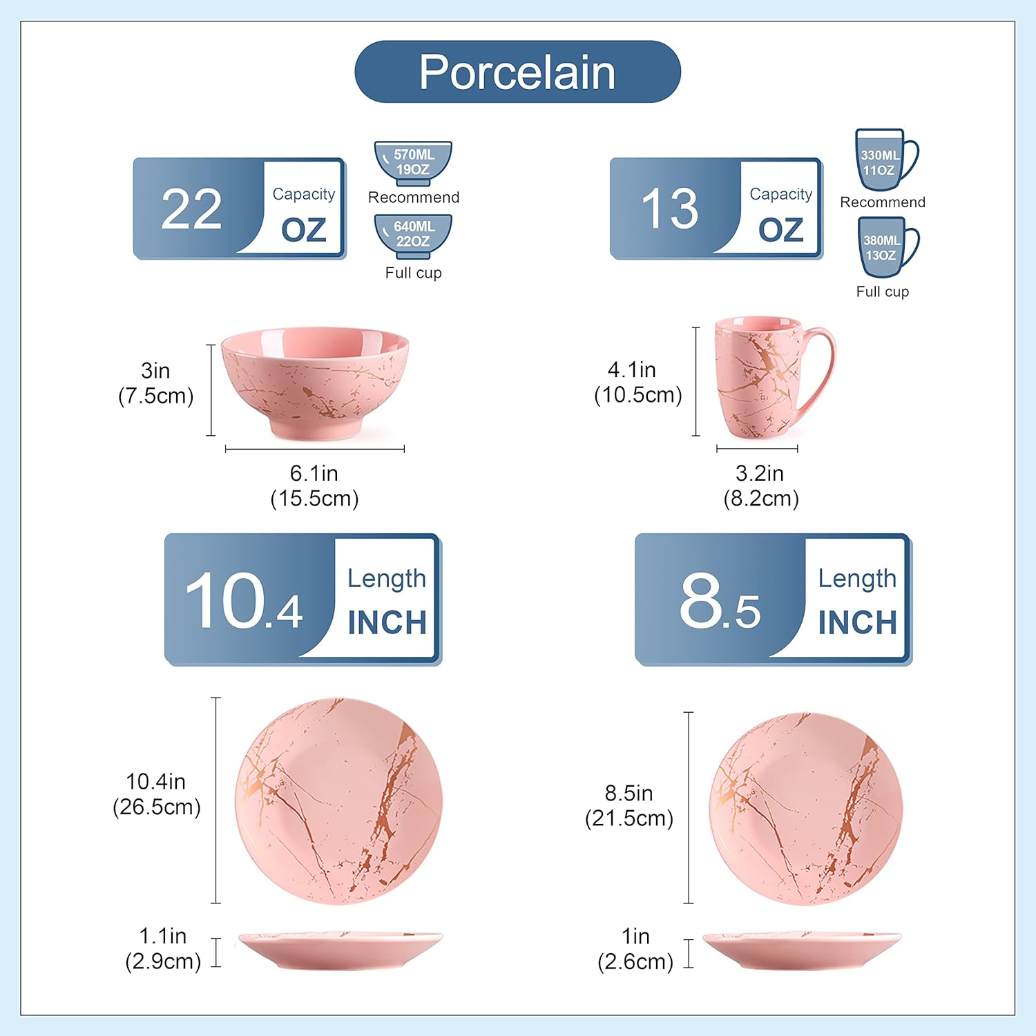 LOVECASA Pink Dinnerware Set for 4, 16 Piece Porcelain Dish With Plates, Bowls and Mugs, Gold Splash Glaze Round Modern Ceramic Dinner Set, Dishwasher Microwave Safe