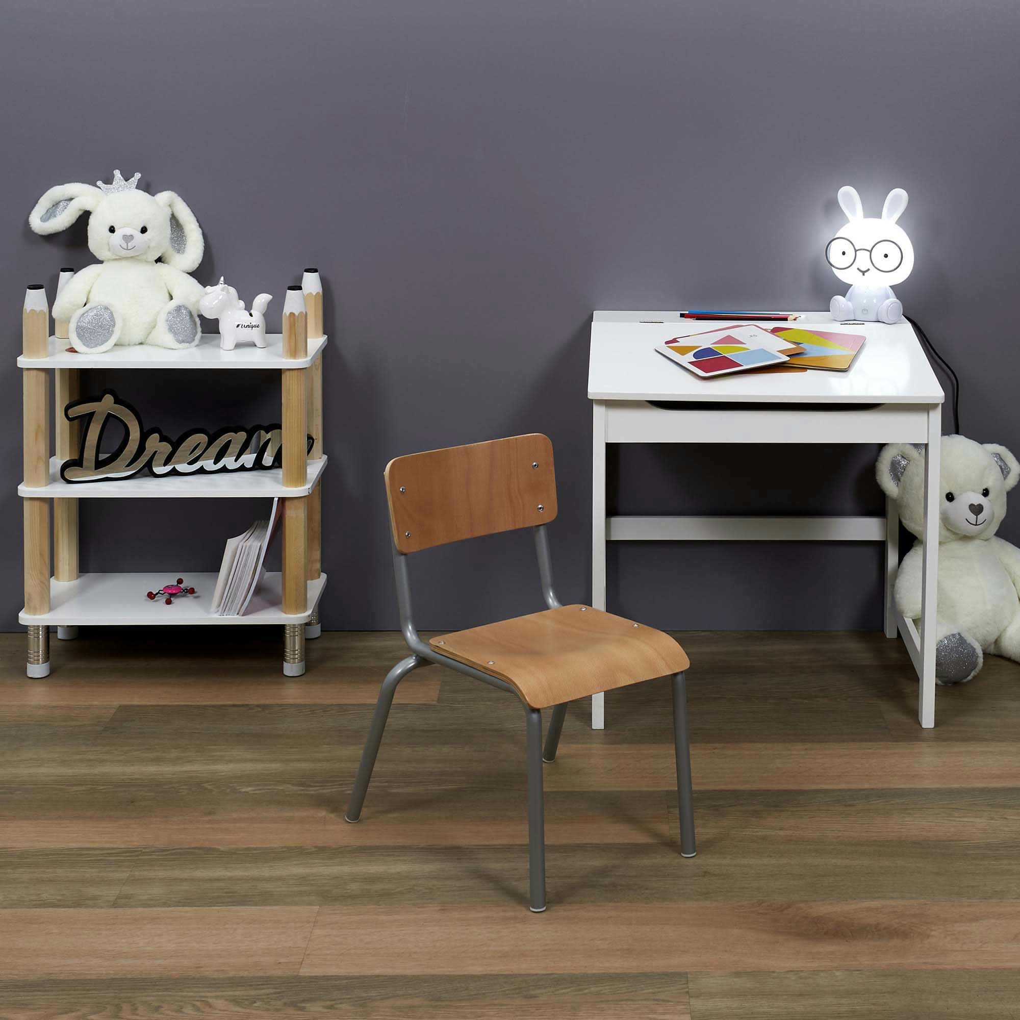 - Chaise écolier pour enfant en bois et métal gris