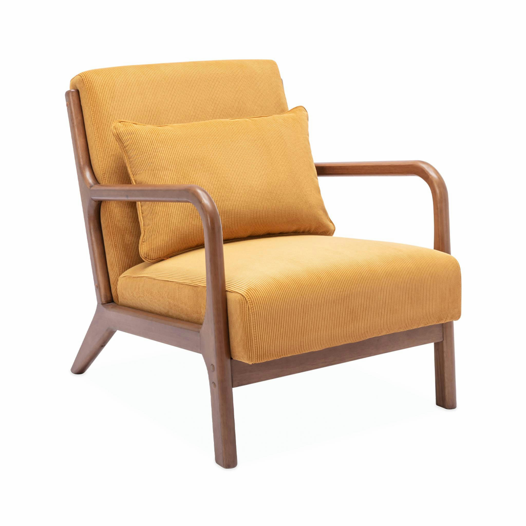 LORENS - Fauteuil velours côtelé ocre, pieds bois d'hévéa