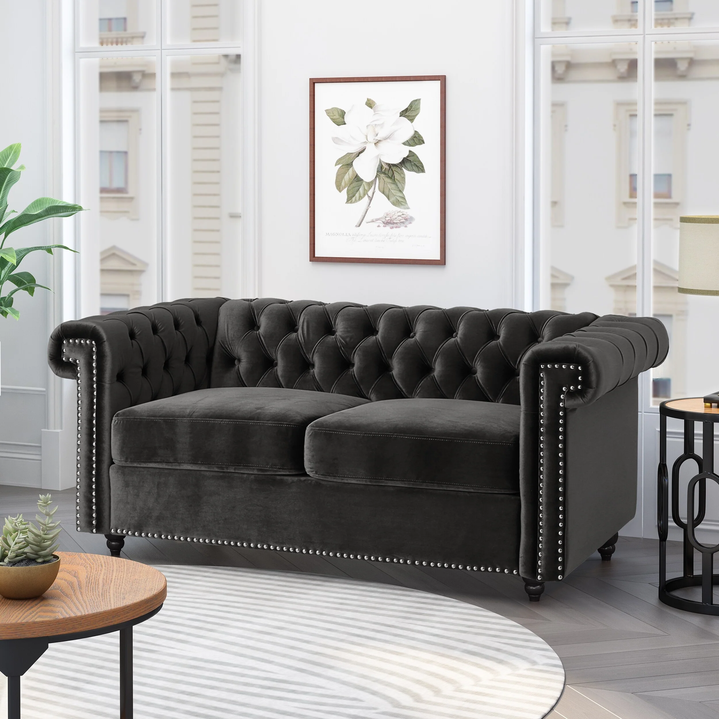 Black Chesterfield 61 Button Tufted Upholstered Loveseat Sofa with Nailheads and Wood Legs for Living Room