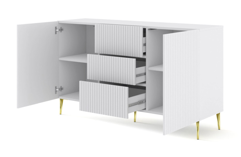 Ravenna B Komoda 150 2D3S frez MDF biały mat   szpilki złote