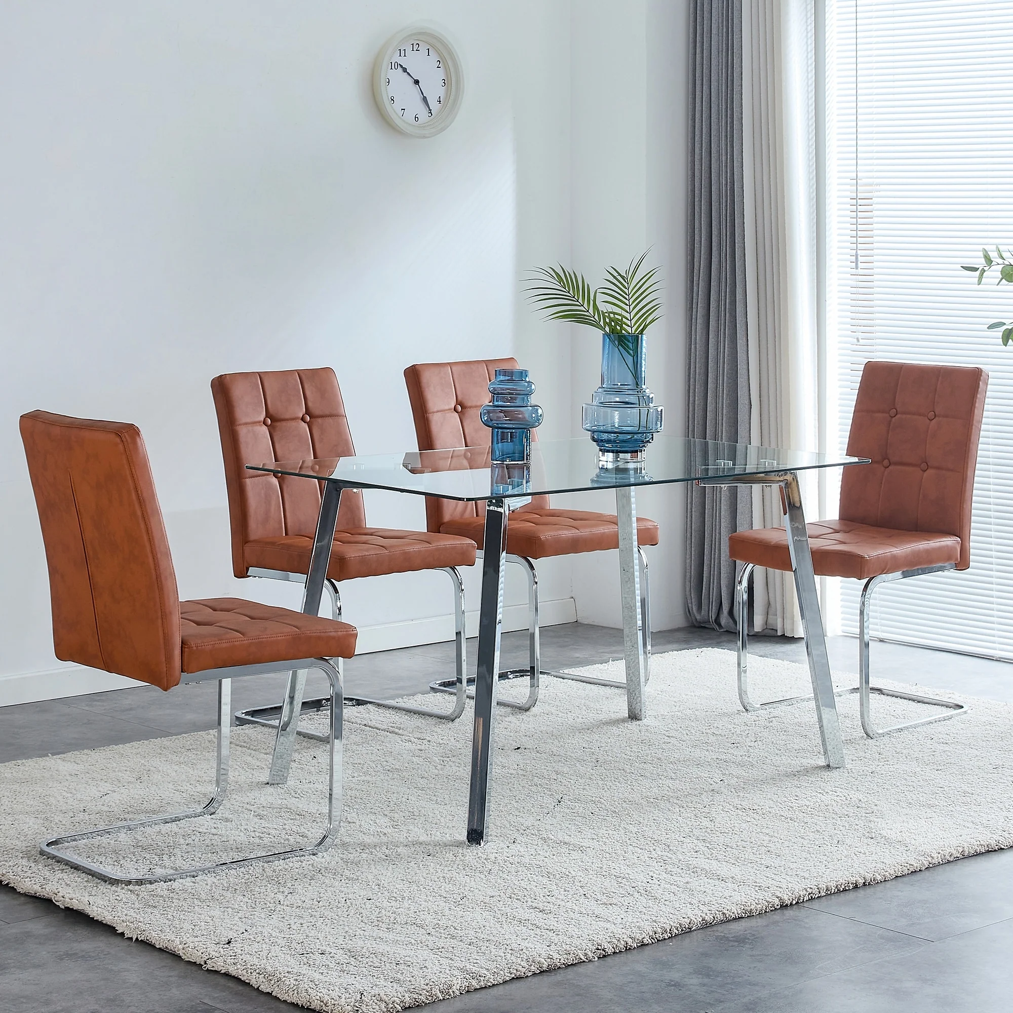 Glass Dining Table Modern Minimalist Rectangular for 4-6 with 0.31 Tempered Glass Tabletop