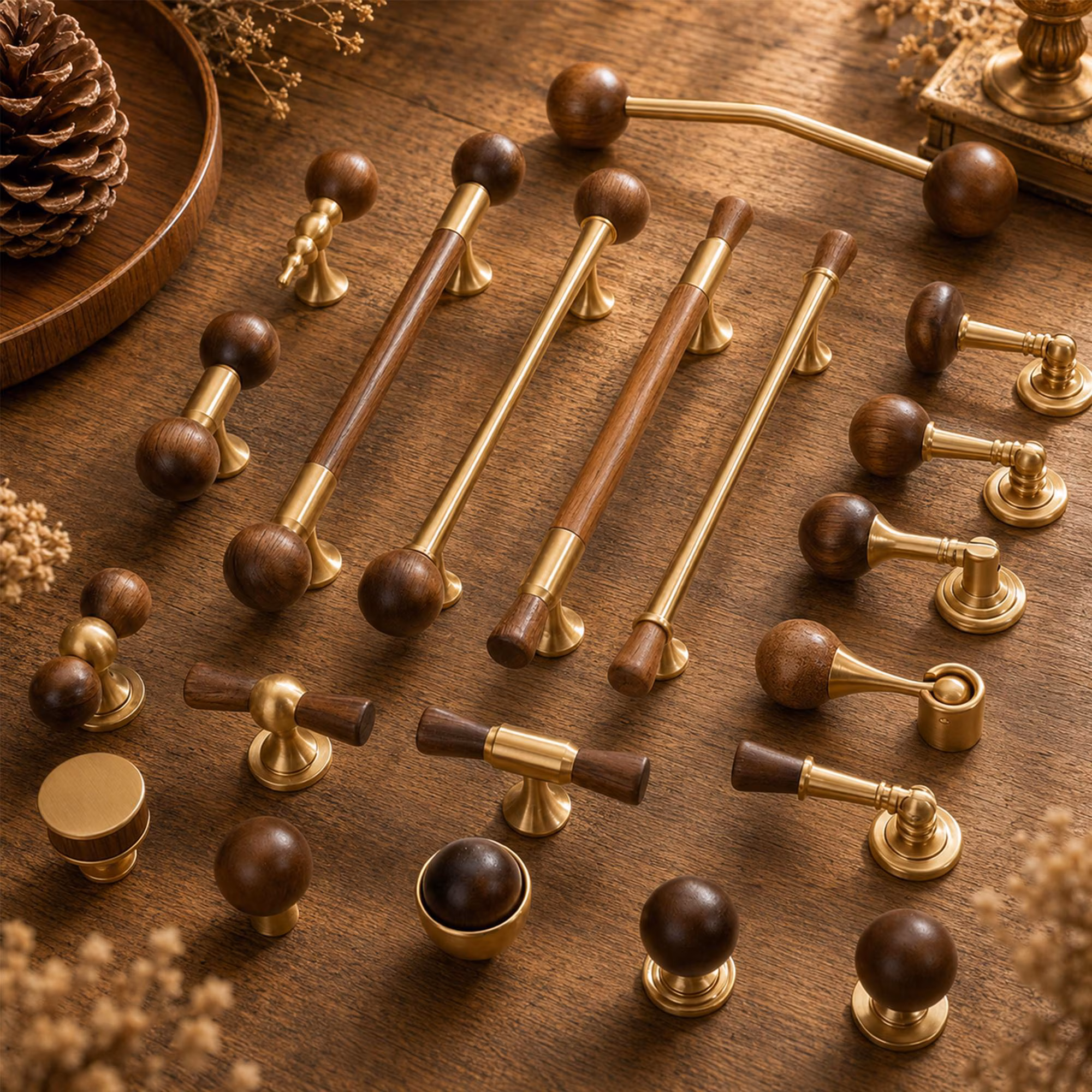 Sample First Walnut Wood Brass Cabinet Pulls, Mid Century Drawer Handles, Nordic Gold Wardrobe Knobs, Vintage Furniture Hardware