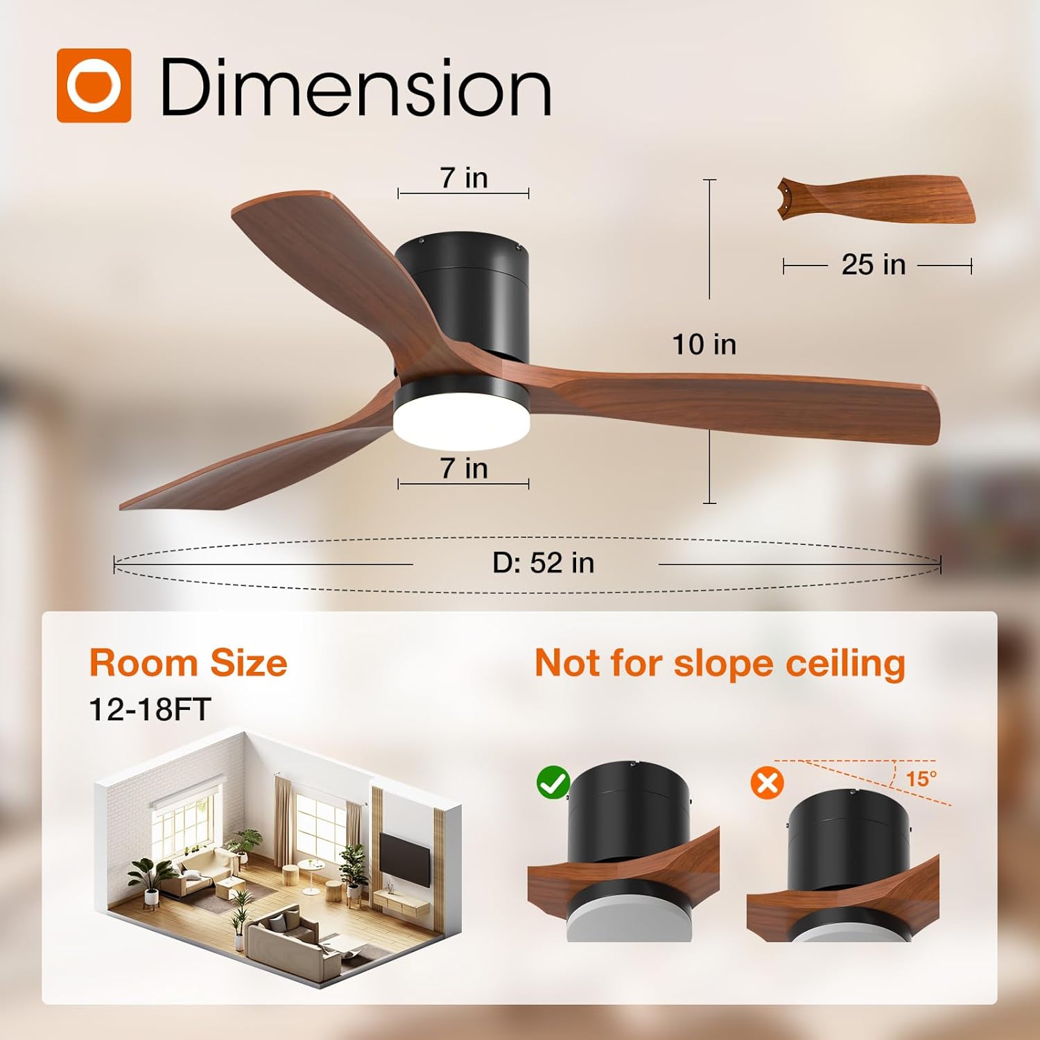 addlon 52 inch Ceiling Fans with Lights, Low Profile Ceiling Fan with Light and Remote Control, Flush Mount, Reversible, 3 Wood Blades, 3CCT Dimmable, Black Walnut Ceiling Fan for Indoor/Outdoor Use