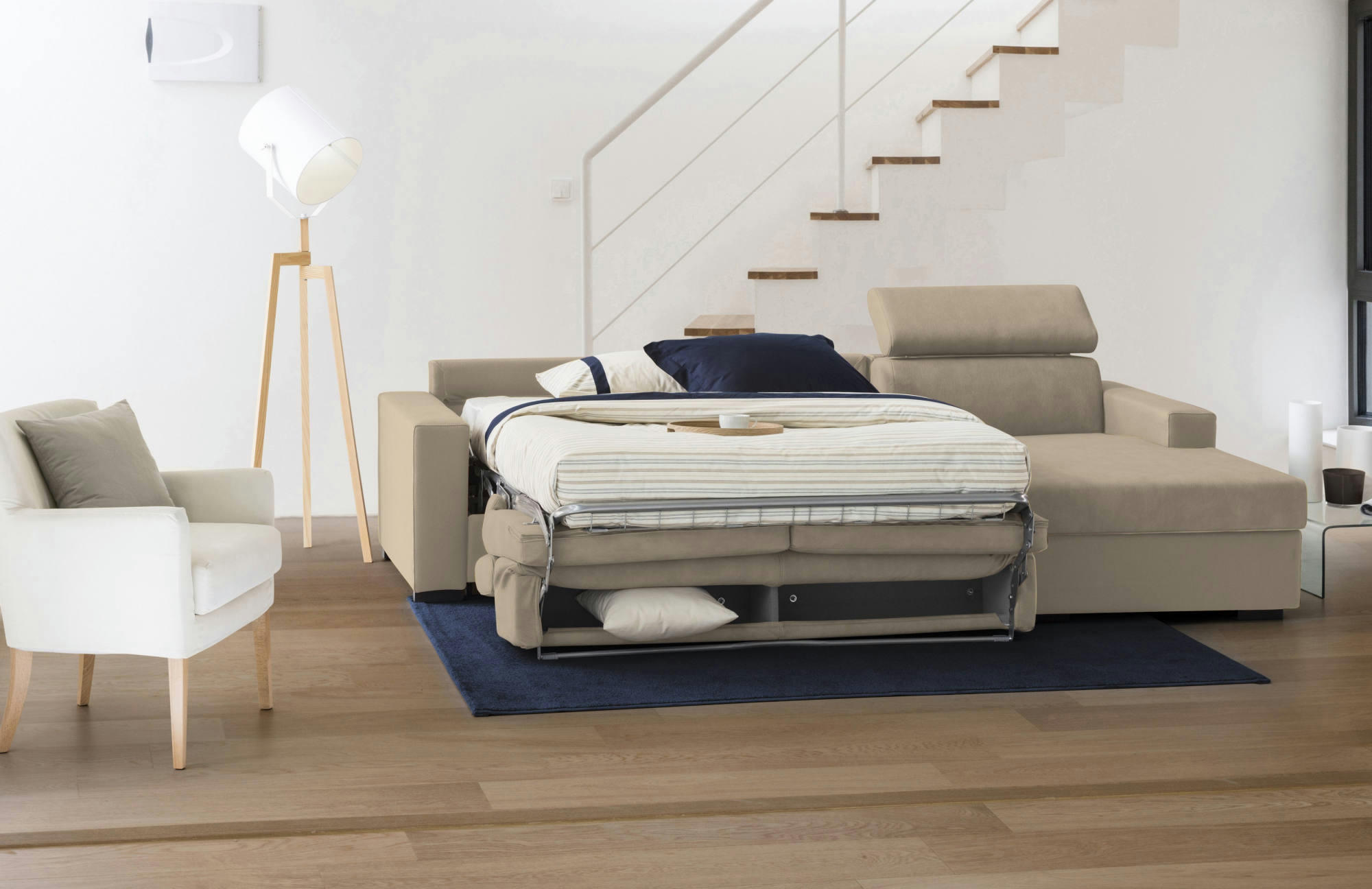 ALCESTE - Canapé d'angle convertible en tissu beige