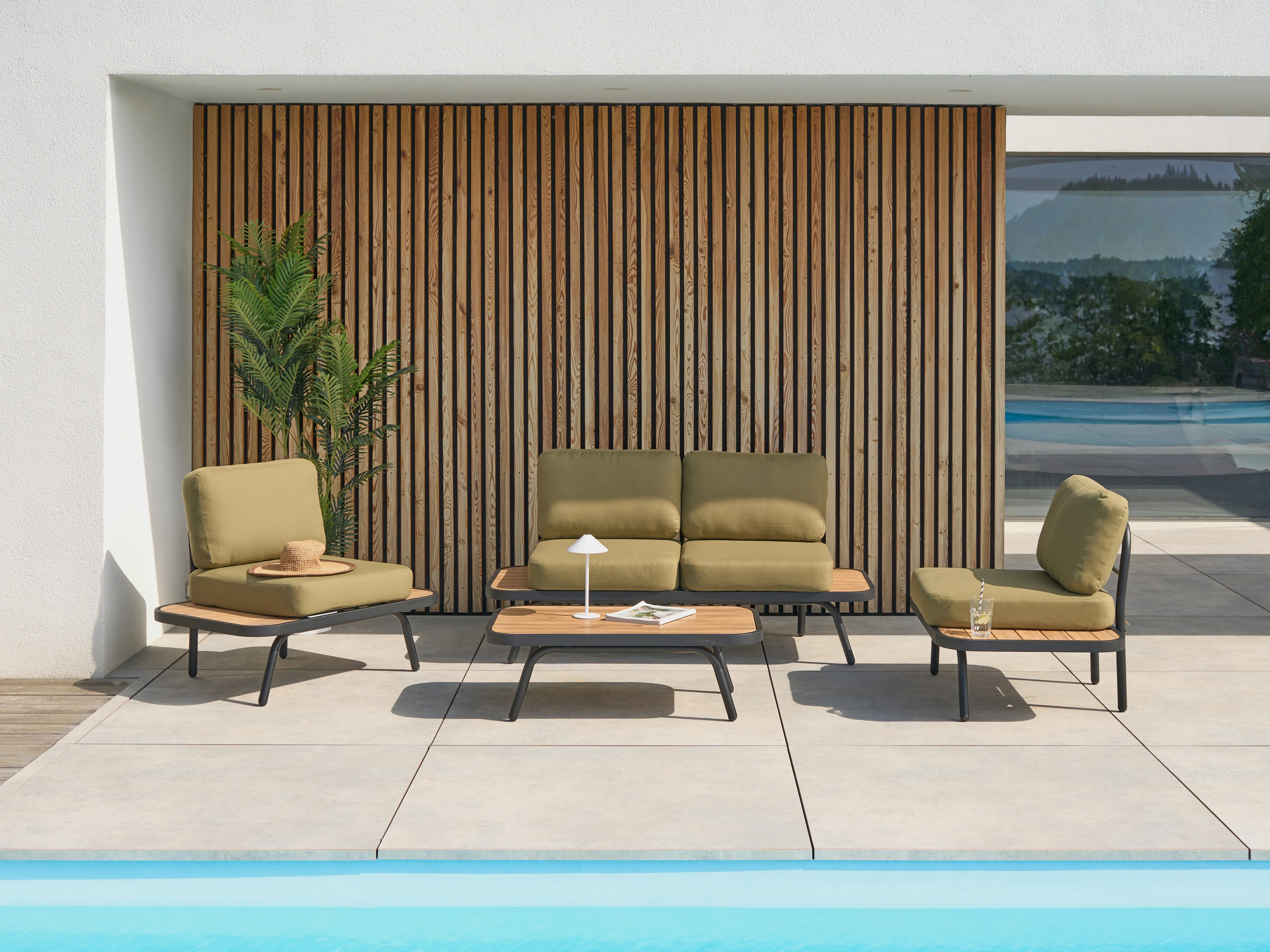 Garden Lounge Set with Table 4 Seater MINOZZO Certified Acacia Wood Olive Green