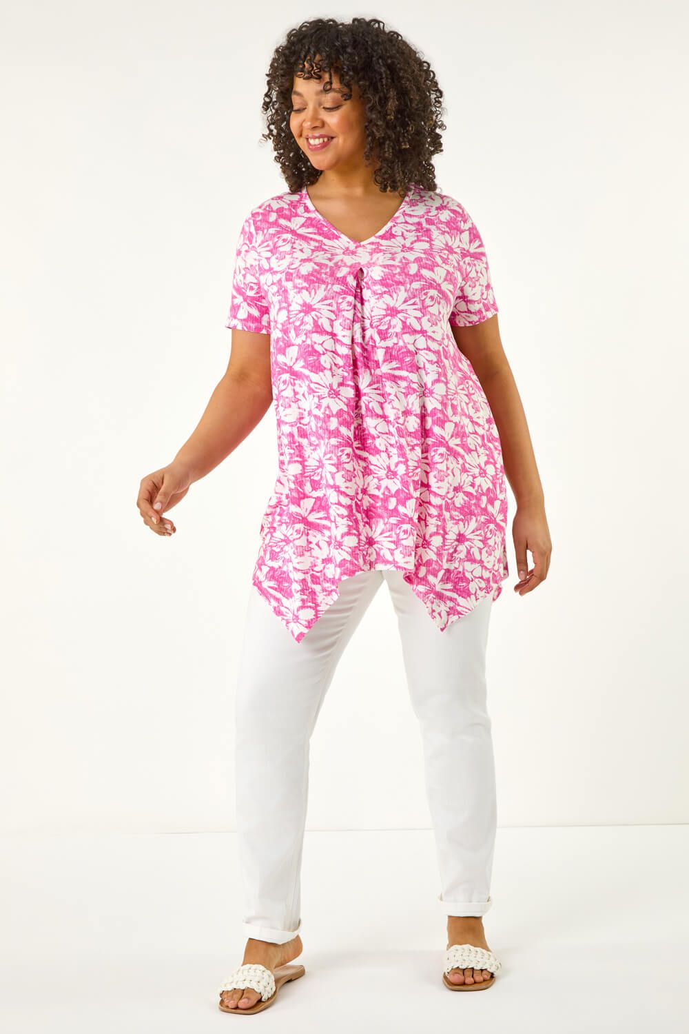Roman Curve Hanky Hem Floral Tunic Top