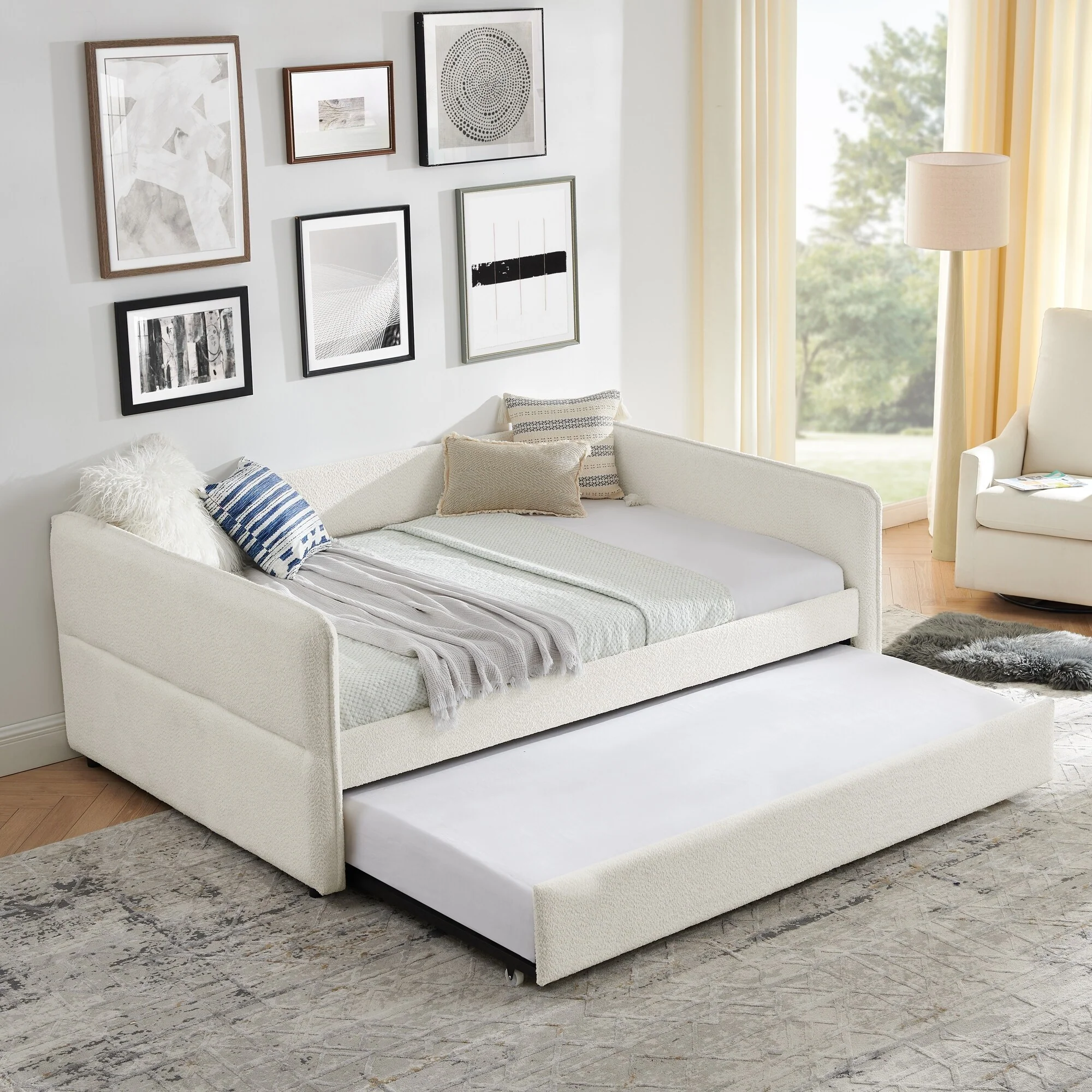 Daybed with Trundle Upholstered Tufted Sofa Bed, Full Size, Boucle Fabric, Beige(83x58.5x29.5)