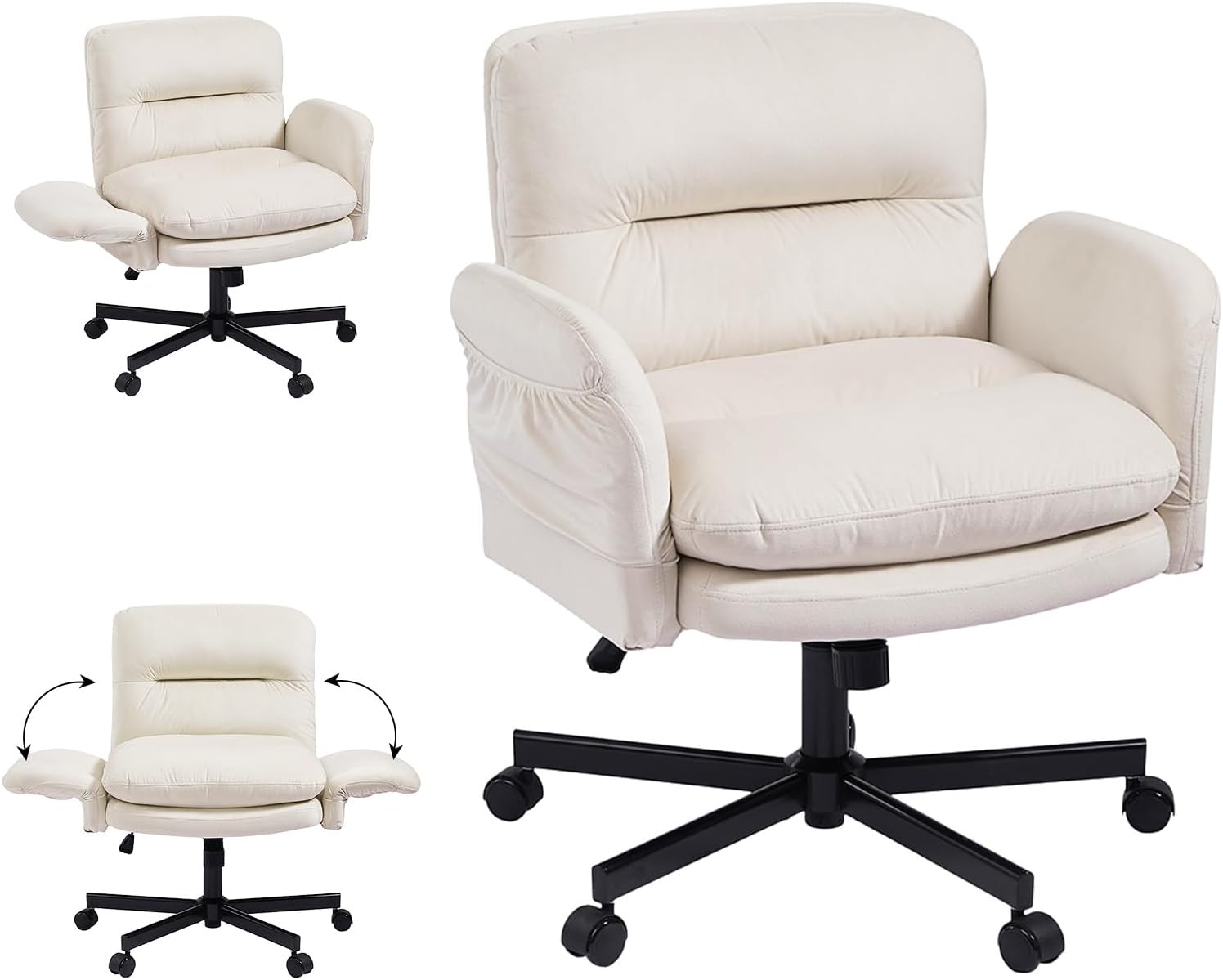 Bestier Criss Cross Chair with Flip-Up Armrests, Swivel Makeup Vanity Chair with Wheels & Side Pockets, Cross Legged Office Chair for Home Office, Bedroom, Beige Velvet