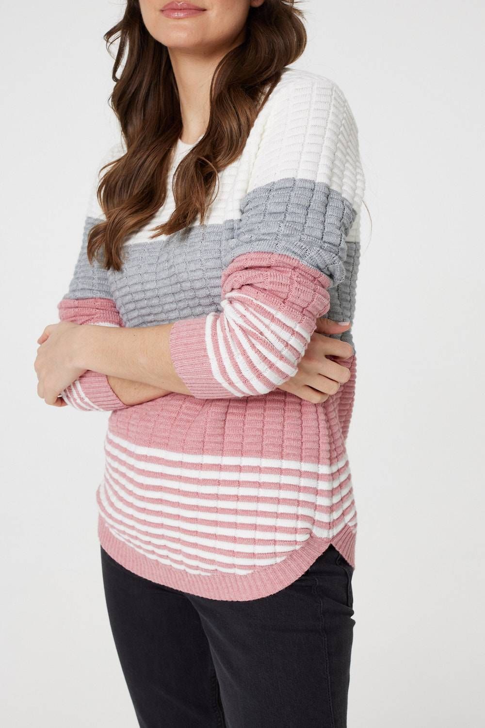 Izabel London Colour Block Textured Curve Hem Jumper