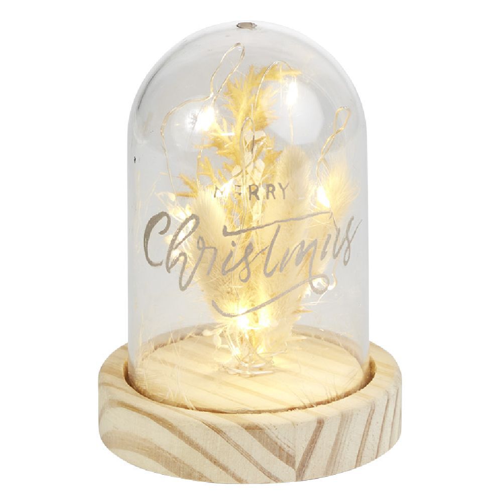 Dôme fleurs séchées sous cloche Merry Christmas à LED Ø9xH13cm