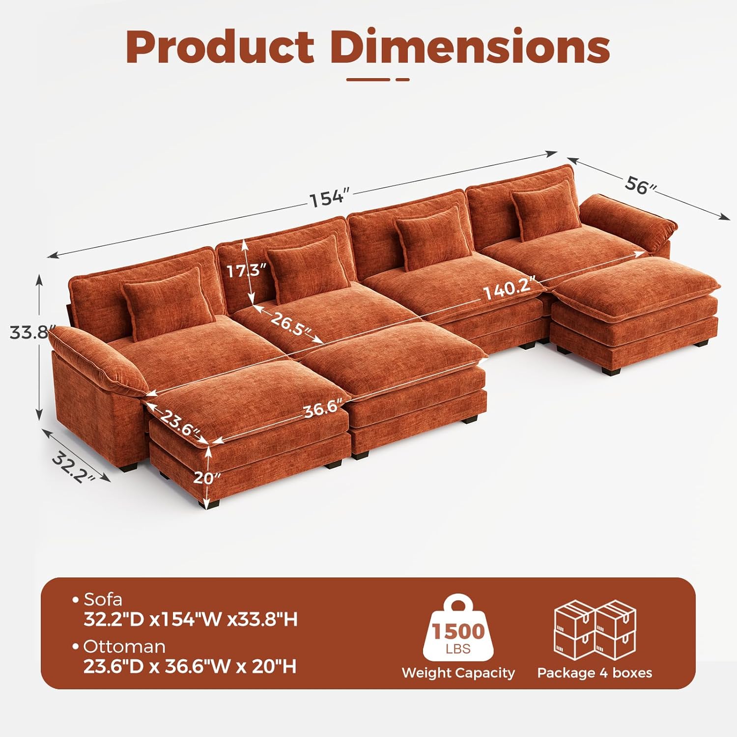 CDCASA 154 Oversized Modular Sectional Sofa, Comfy U-Shaped Cloud Couch w/ 3 Movable Ottomans, 7-Seater Chenille Deep Seat Modern Sofa Couch for Living Room, Terracotta Orange