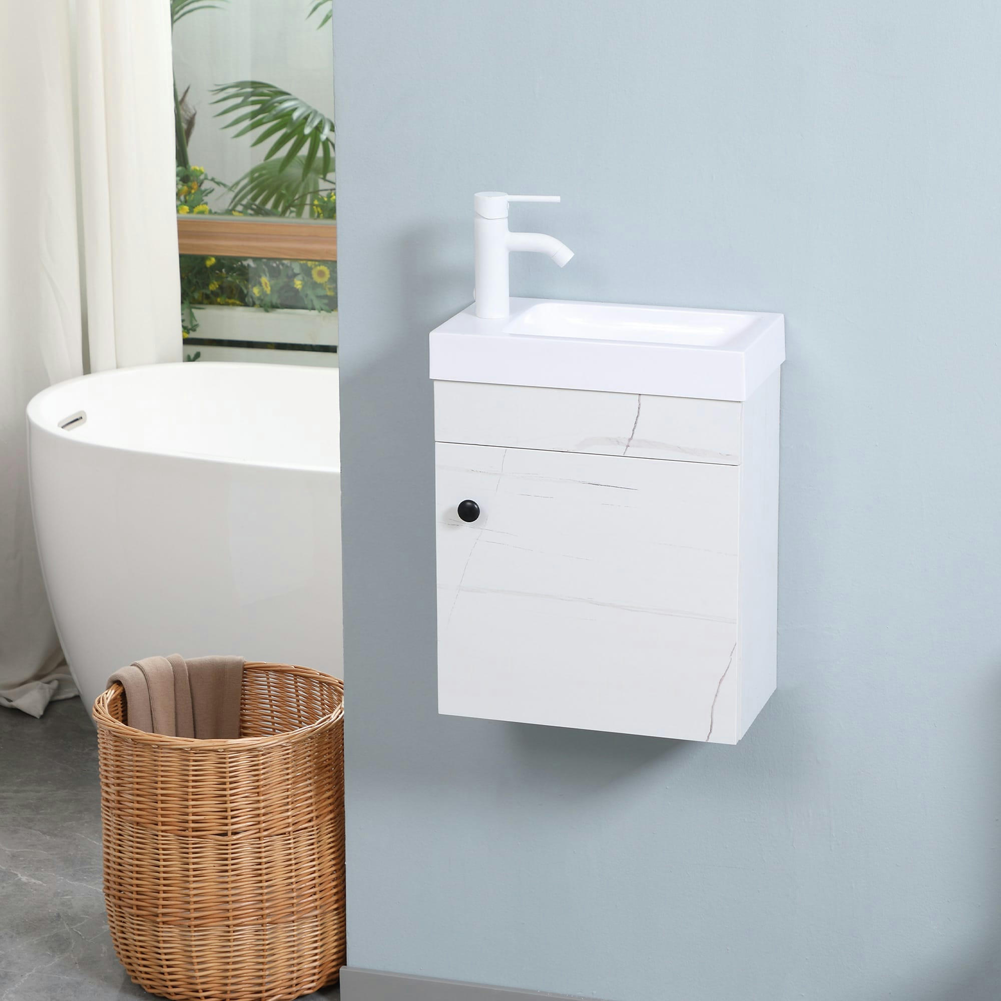 - Meuble sous-vasque suspendu avec vasque céramique aspect marbre blanc