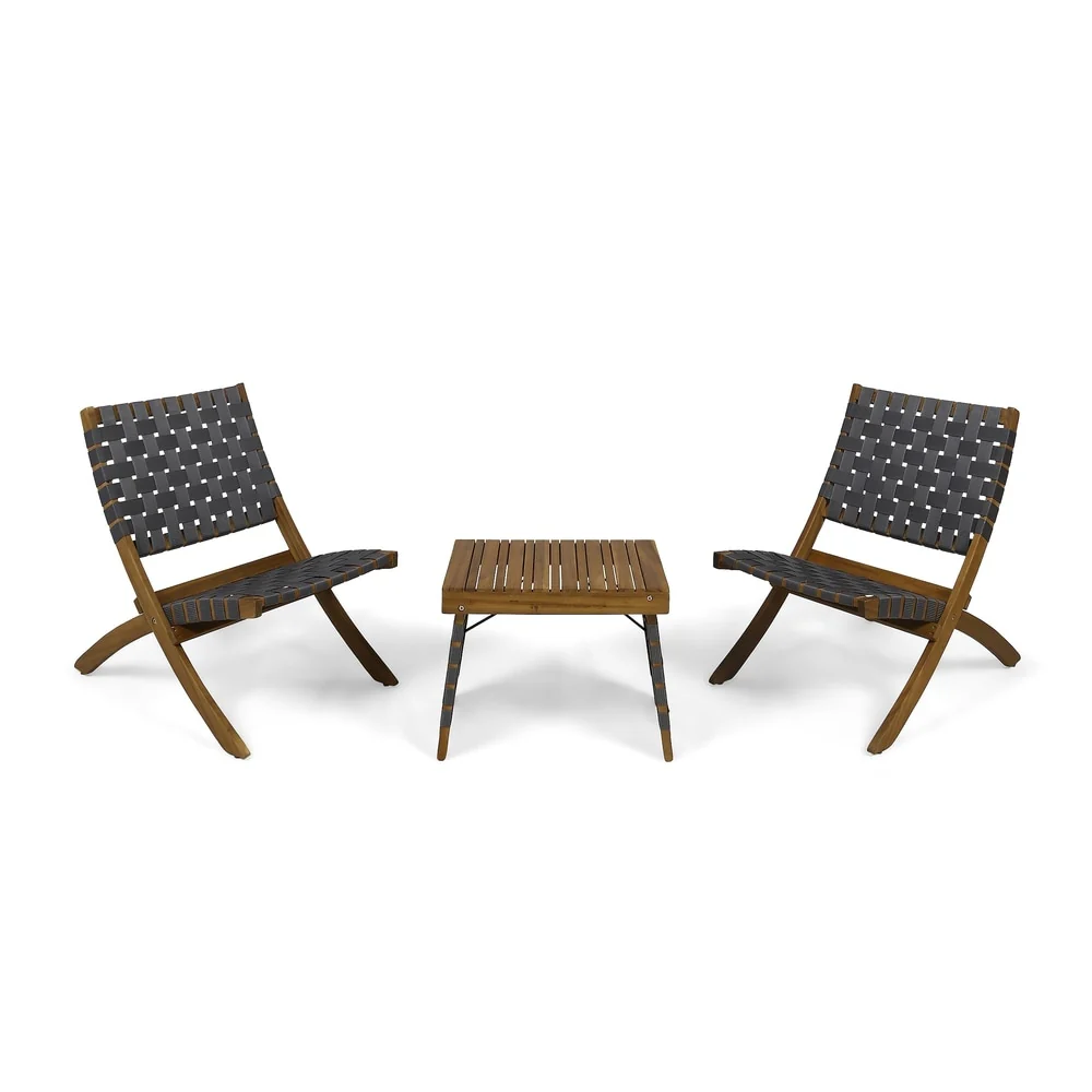 Huntsville Outdoor Foldable 2 Seater Acacia Wood Chat Set with Strapping Belt Accents by Christopher Knight Home