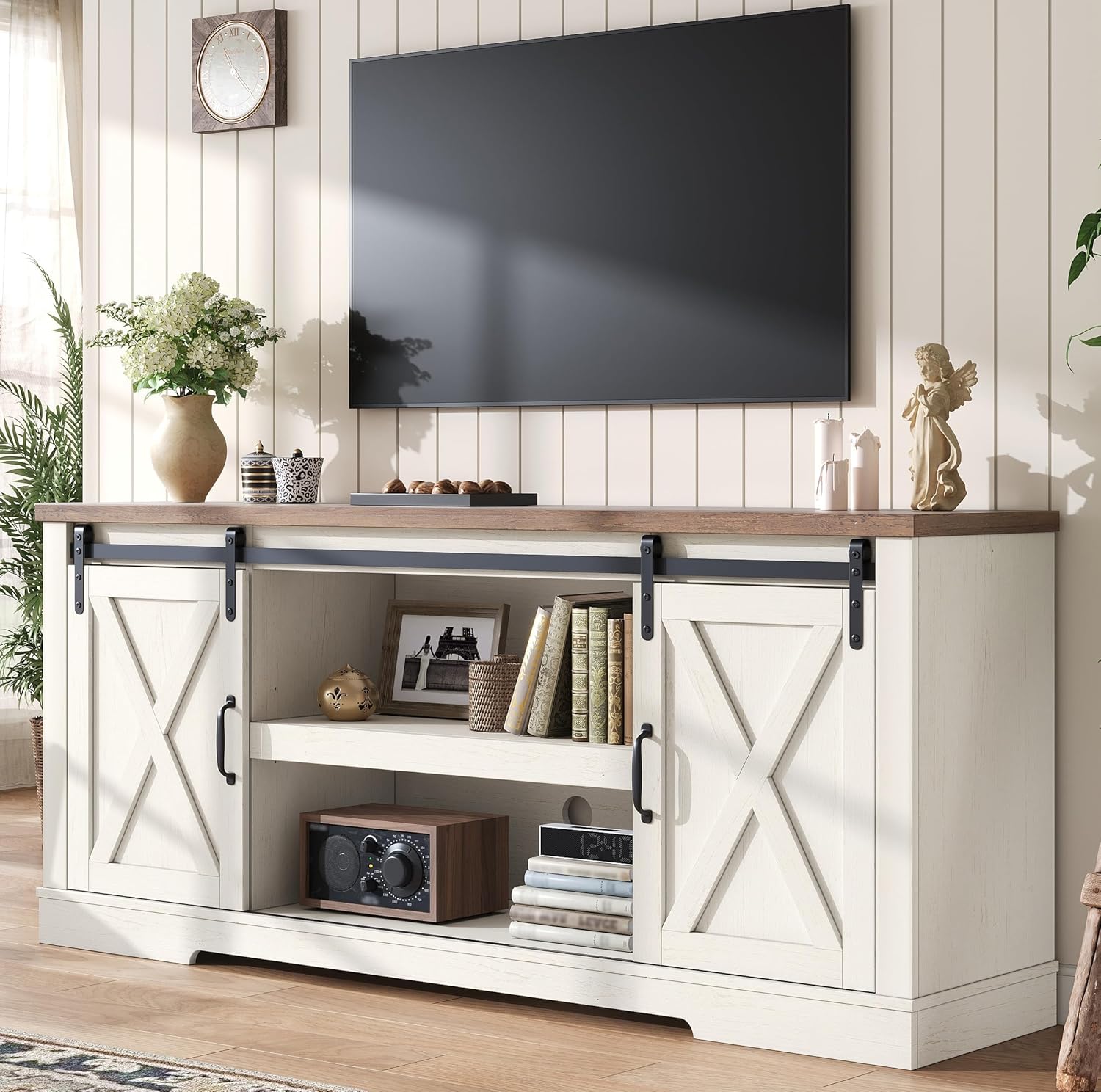 AMERLIFE 66 Farmhouse TV Stand for 75 Inches TVs, Entertainment Center with Sliding Barn Door and Adjustable Shelf & Feet, Console Table with Storage, Distressed White & Rustic