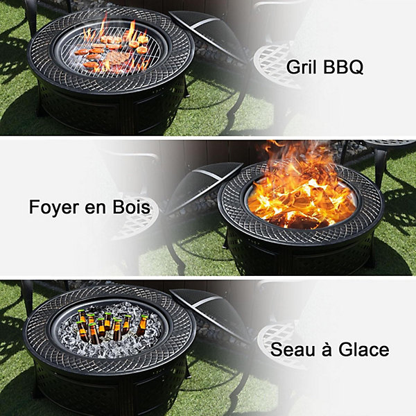 3-en-1 Braséro Extérieur Jardin Rond,avec Grille de Barbecue,Pare-étincelles,Grille à Bûches, Poker, Housse Anti-Pluie,81 x 50 cm