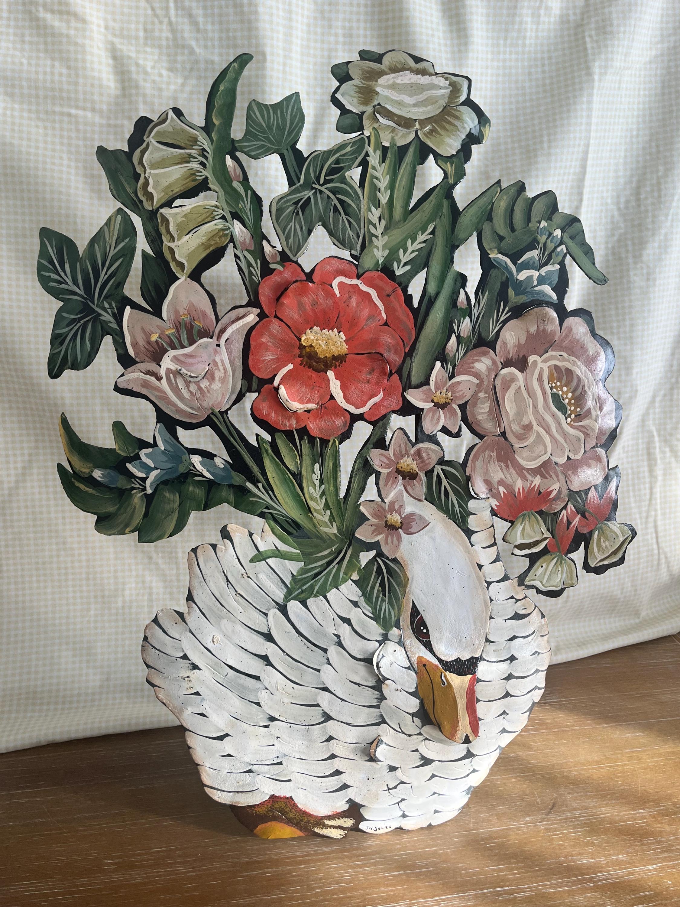 Vintage Toleware handpainted metal Swan or Goose And Floral fireplace screen