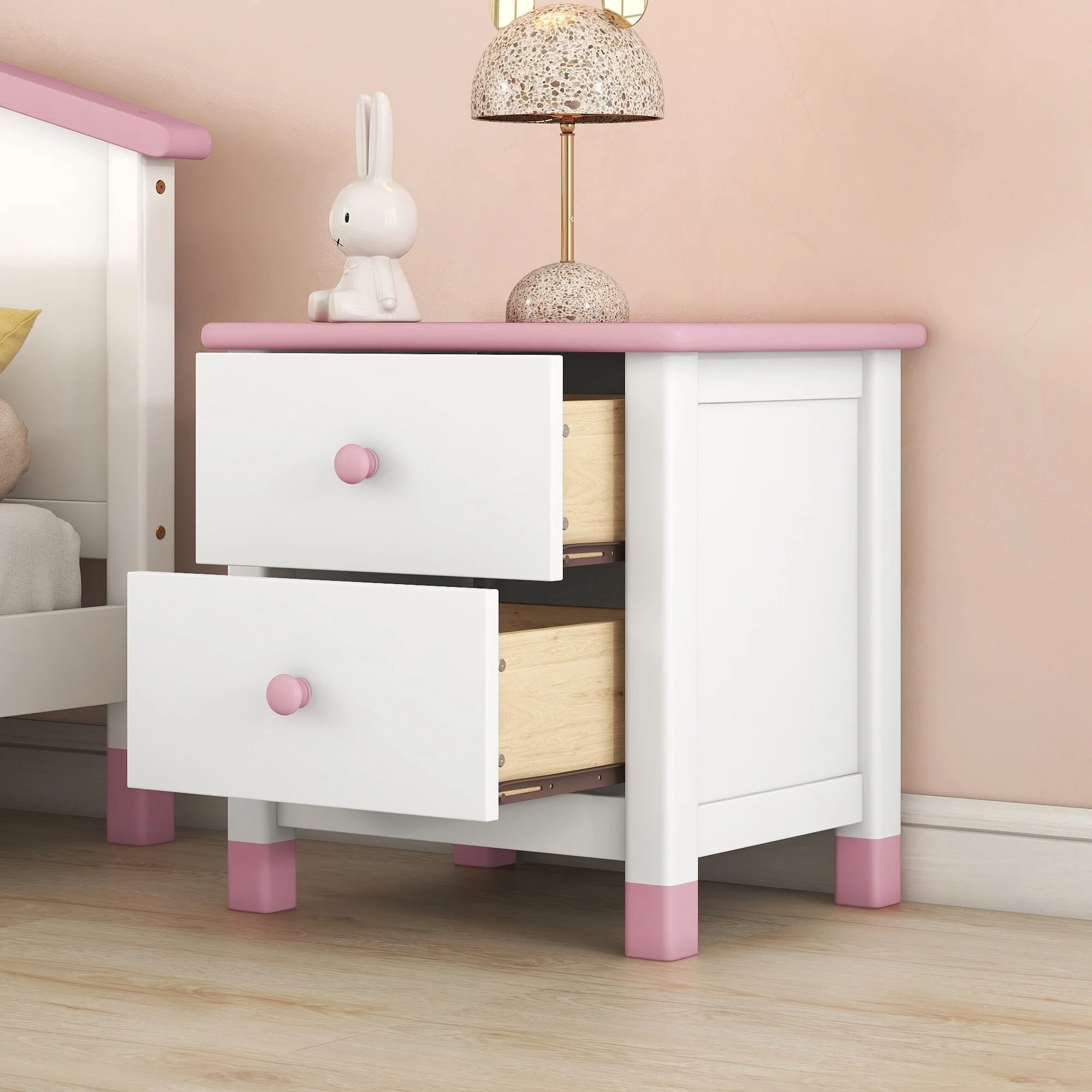 Two Drawers Wooden Nightstand, Accent Side Table with Storage for Boys Girls Kids' Room Bedroom