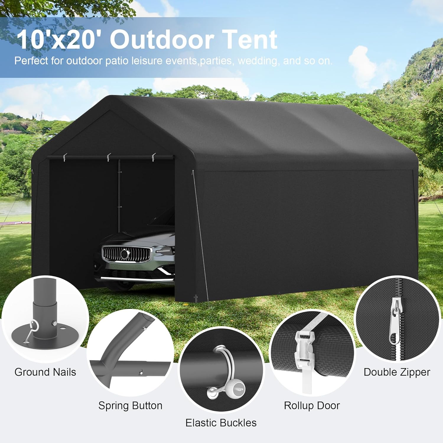 GOJOOASIS Carport Canopy Heavy Duty 10x20 ft Party Tent Portable Car Garage with Sidewalls (10 x 20 ft Black)